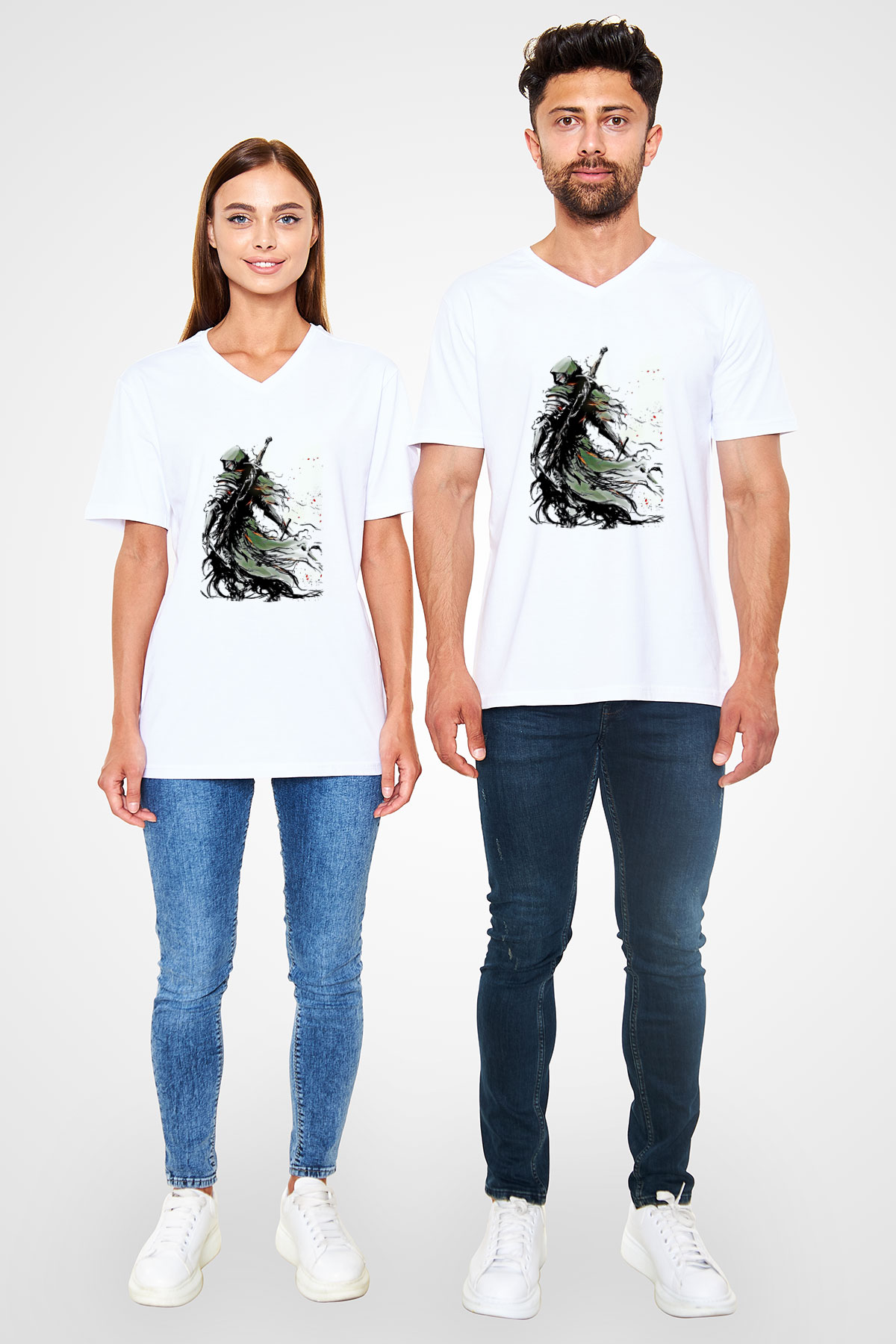 Dark Souls Baskılı Beyaz Unisex V Yaka Tişört - Tshirt