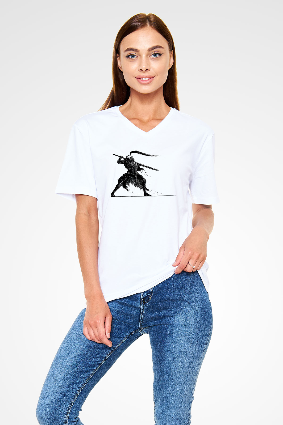 Dark Souls Baskılı Beyaz Unisex V Yaka Tişört - Tshirt