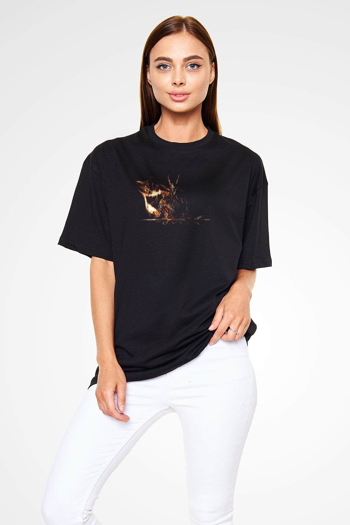 Dark Souls Baskılı Unisex Siyah Oversize Tişört - Tshirt