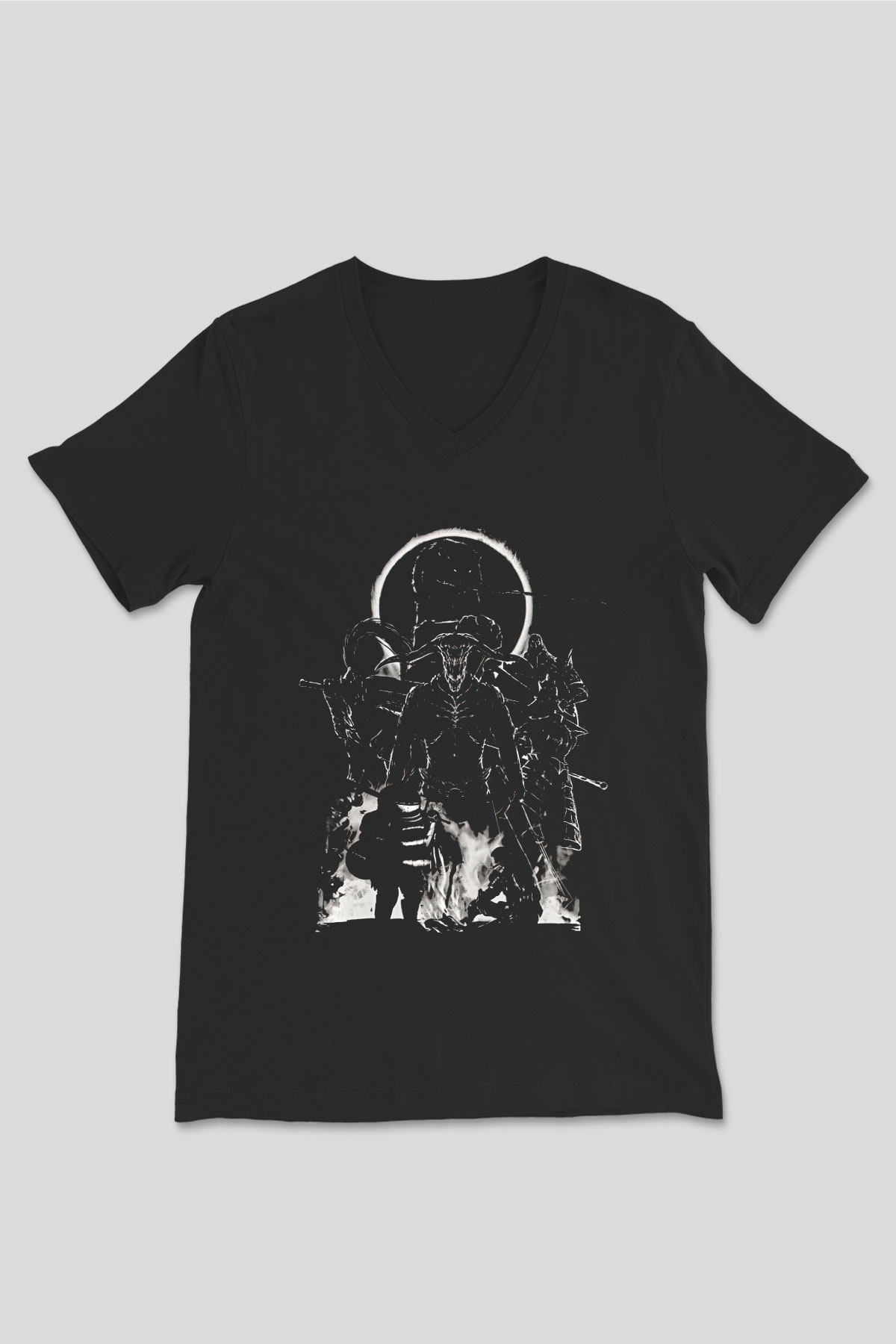 Dark Souls Baskılı Unisex Siyah V Yaka Tişört - Tshirt