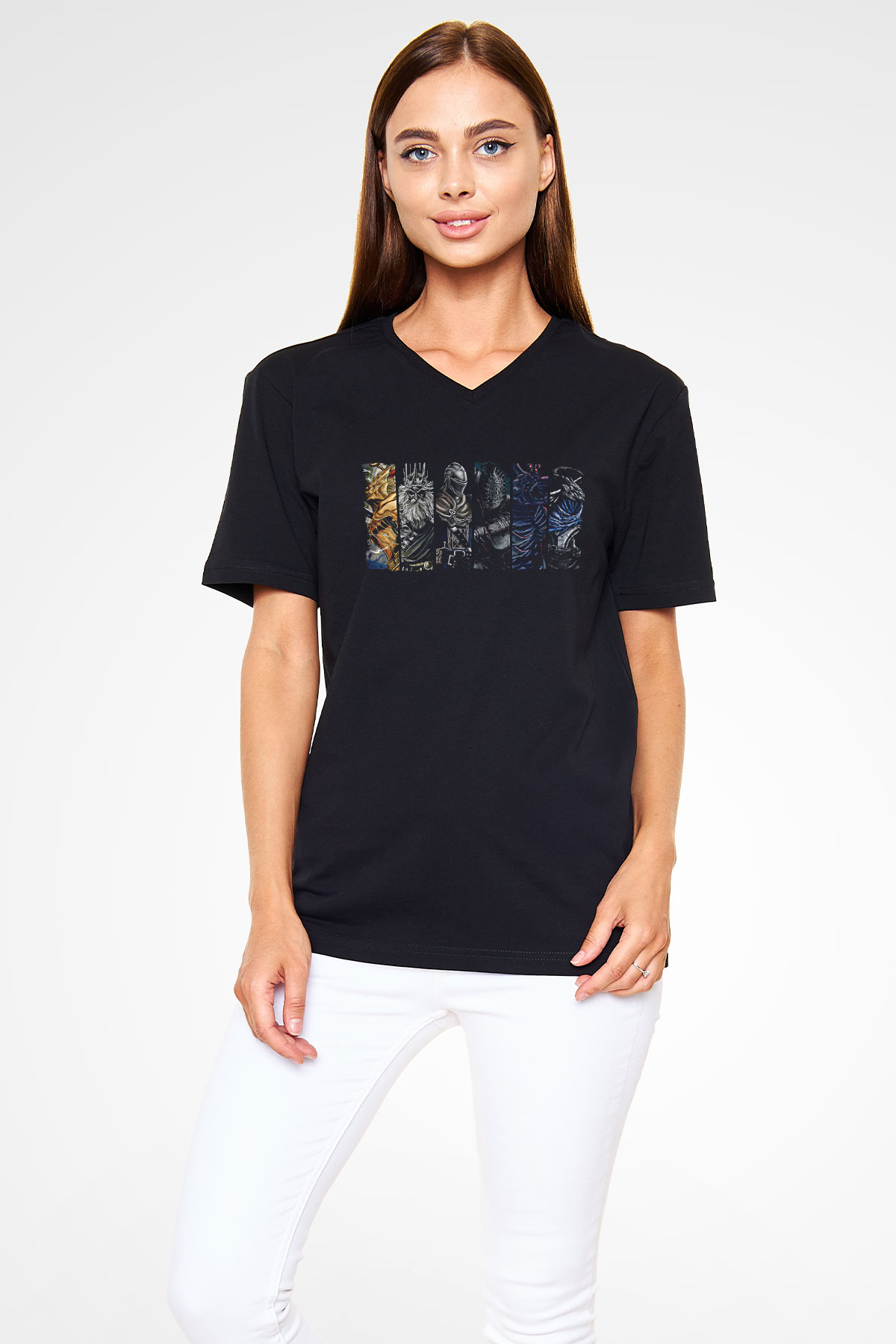 Dark Souls Baskılı Unisex Siyah V Yaka Tişört - Tshirt