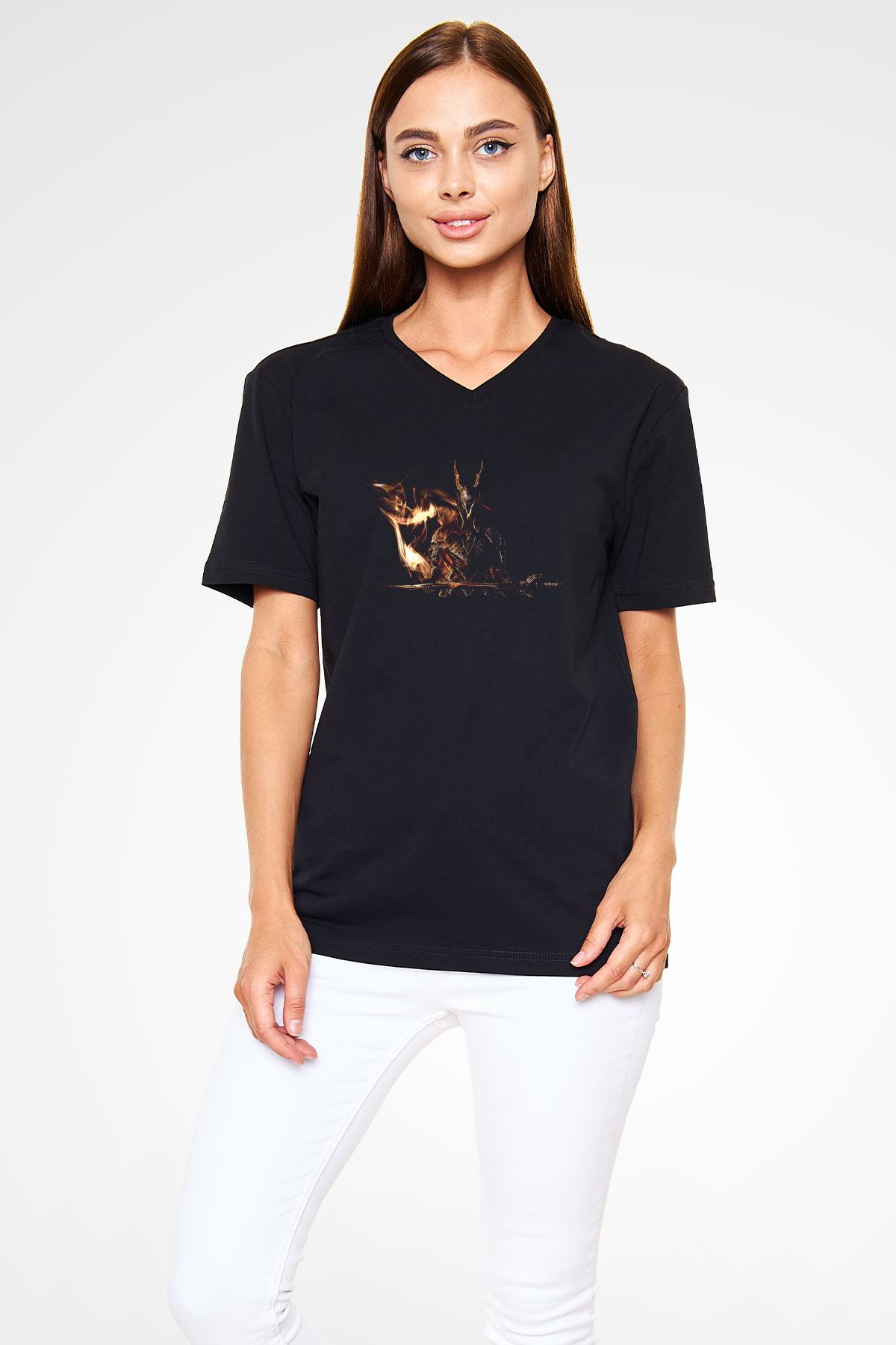 Dark Souls Baskılı Unisex Siyah V Yaka Tişört - Tshirt