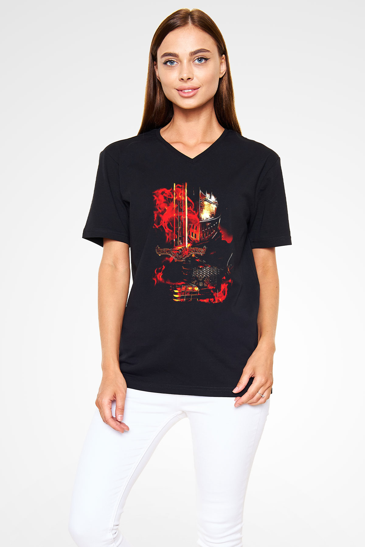 Dark Souls Baskılı Unisex Siyah V Yaka Tişört - Tshirt