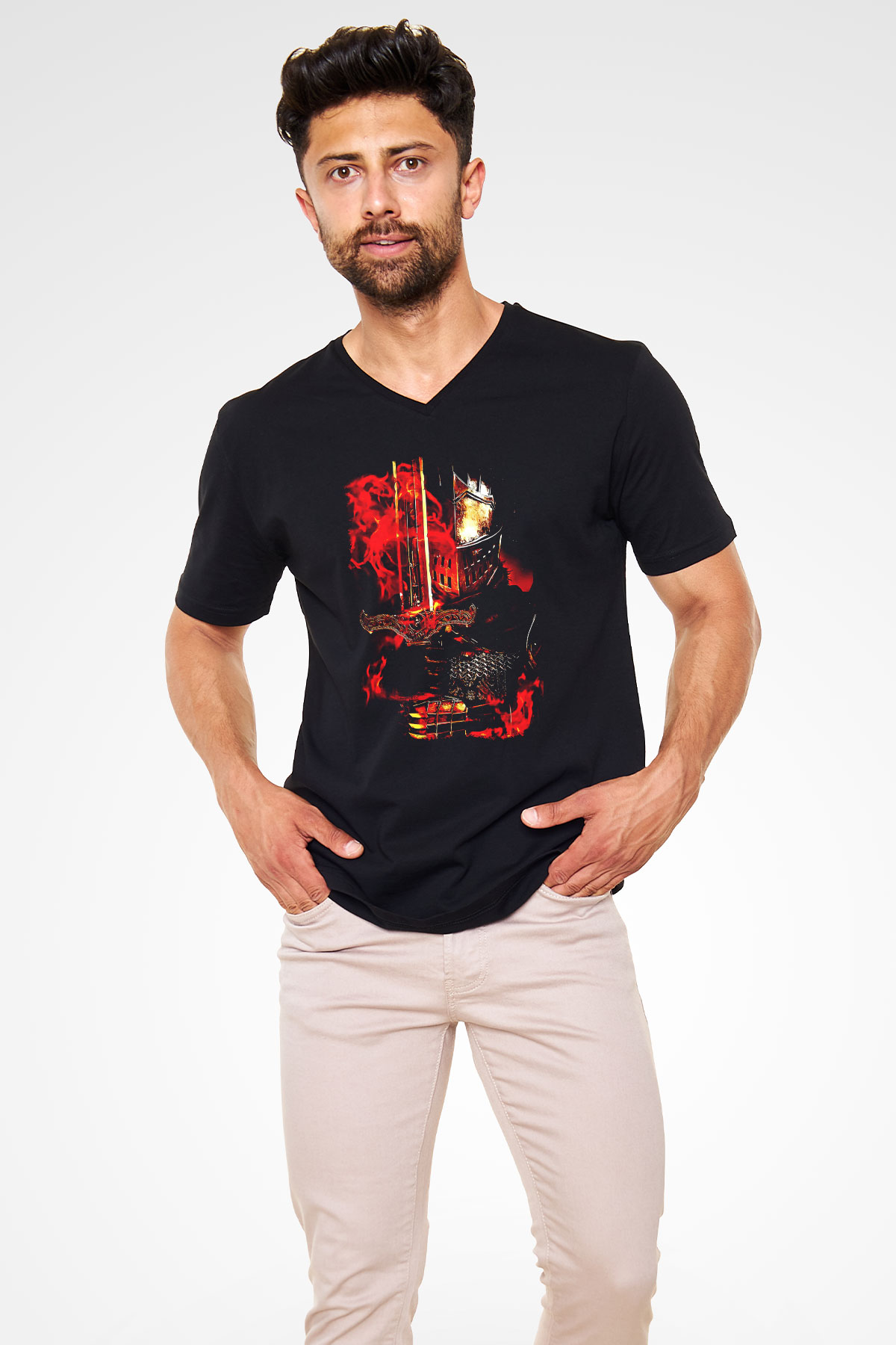 Dark Souls Baskılı Unisex Siyah V Yaka Tişört - Tshirt