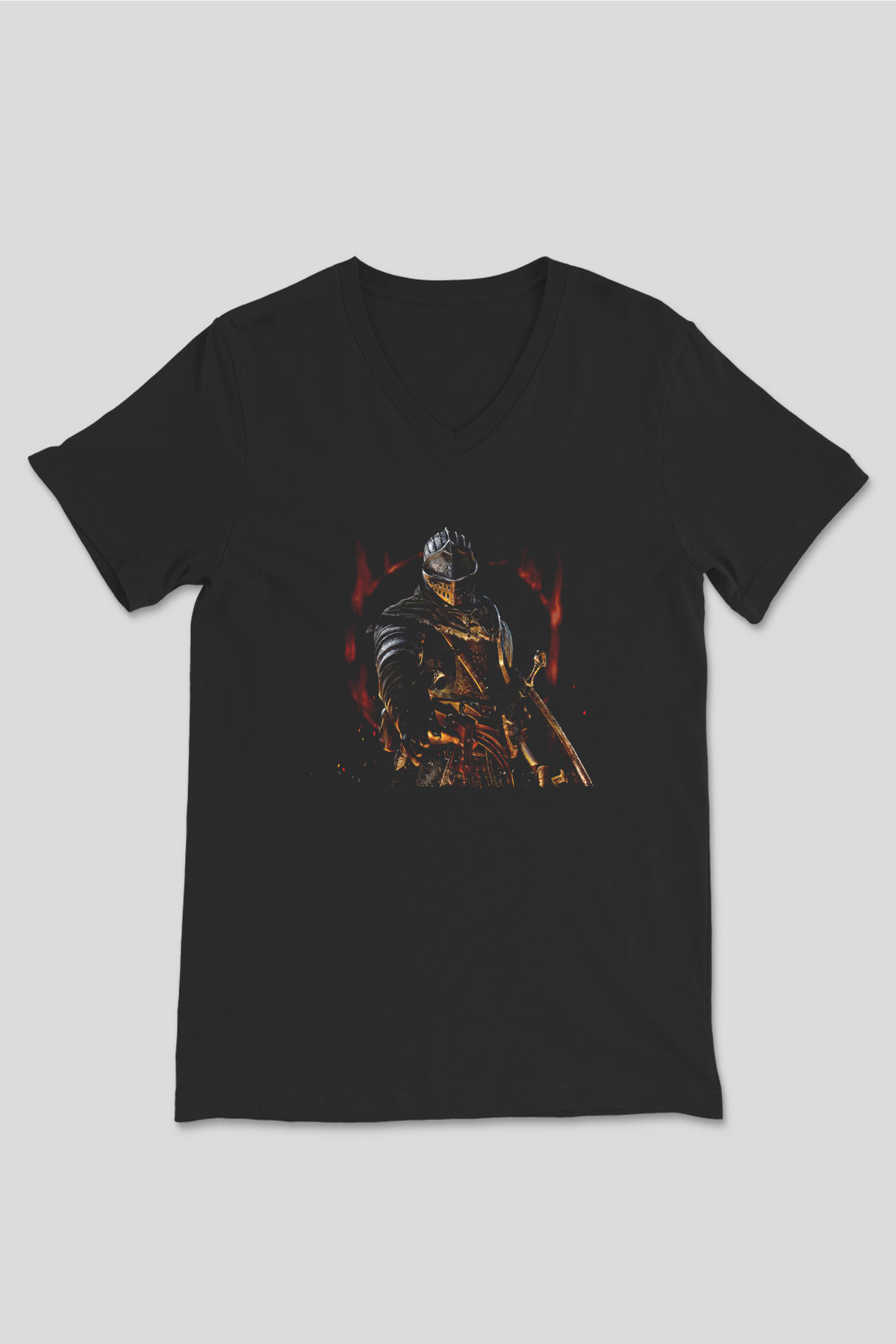 Dark Souls Baskılı Unisex Siyah V Yaka Tişört - Tshirt