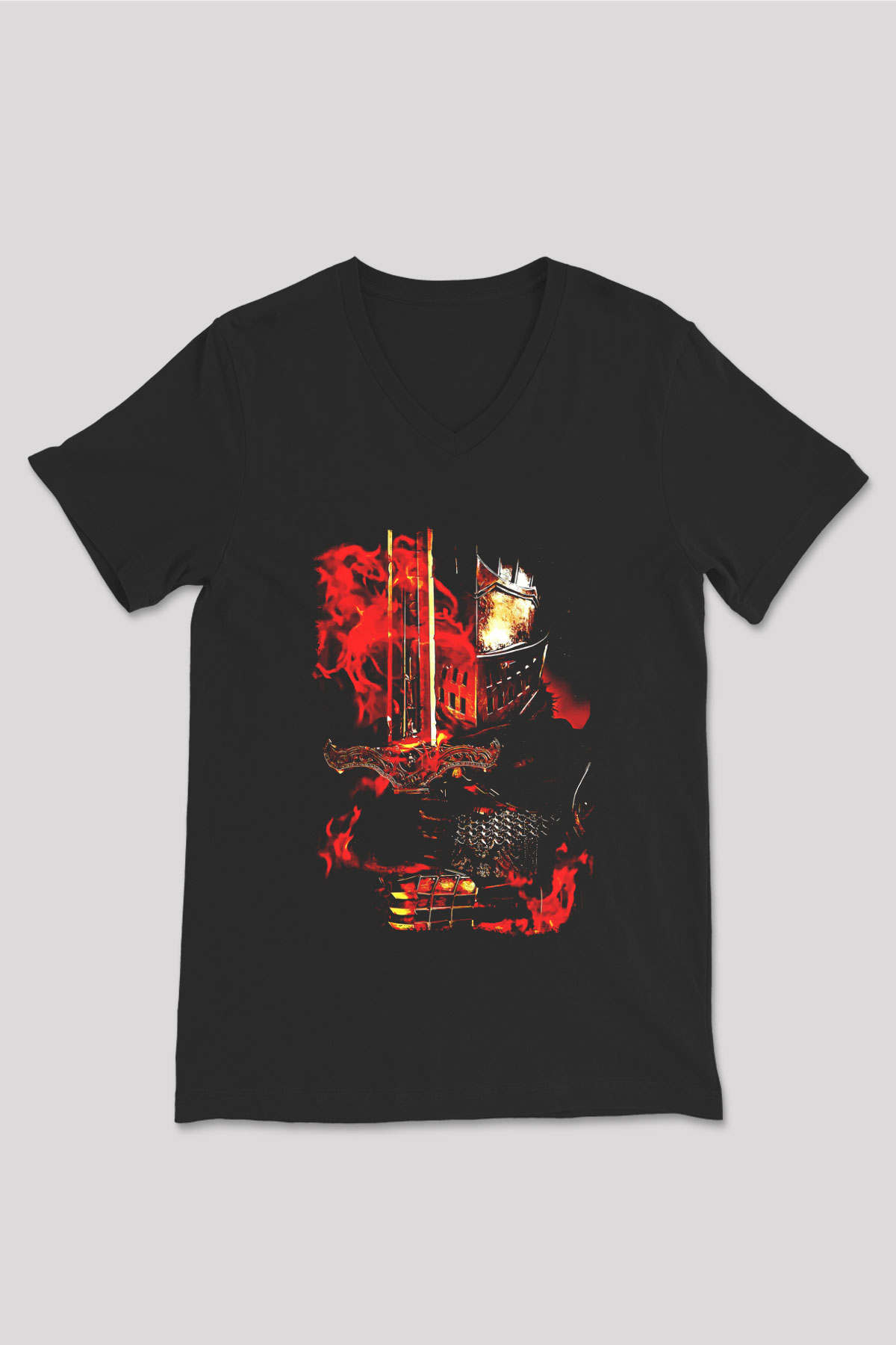 Dark Souls Baskılı Unisex Siyah V Yaka Tişört - Tshirt