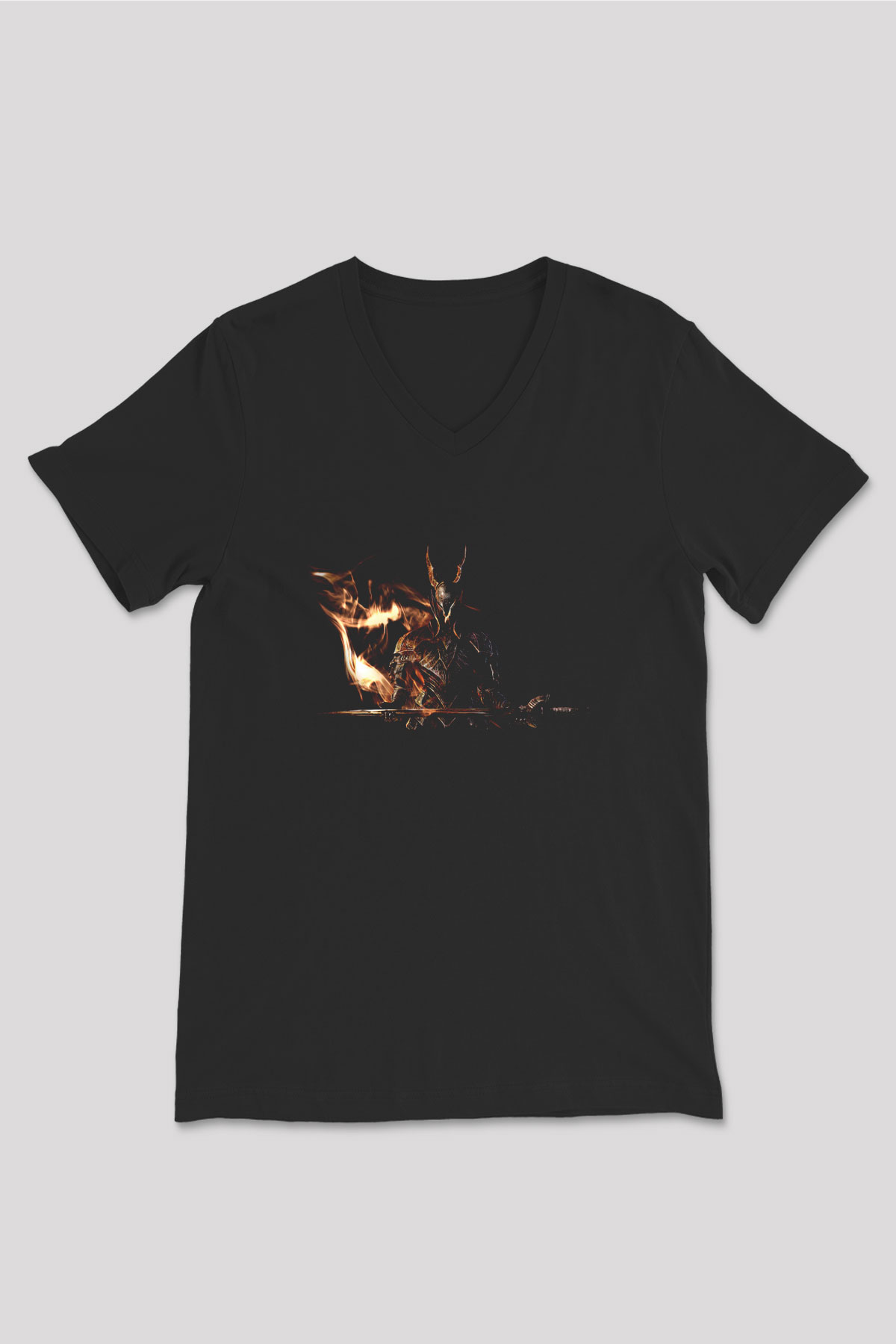 Dark Souls Baskılı Unisex Siyah V Yaka Tişört - Tshirt