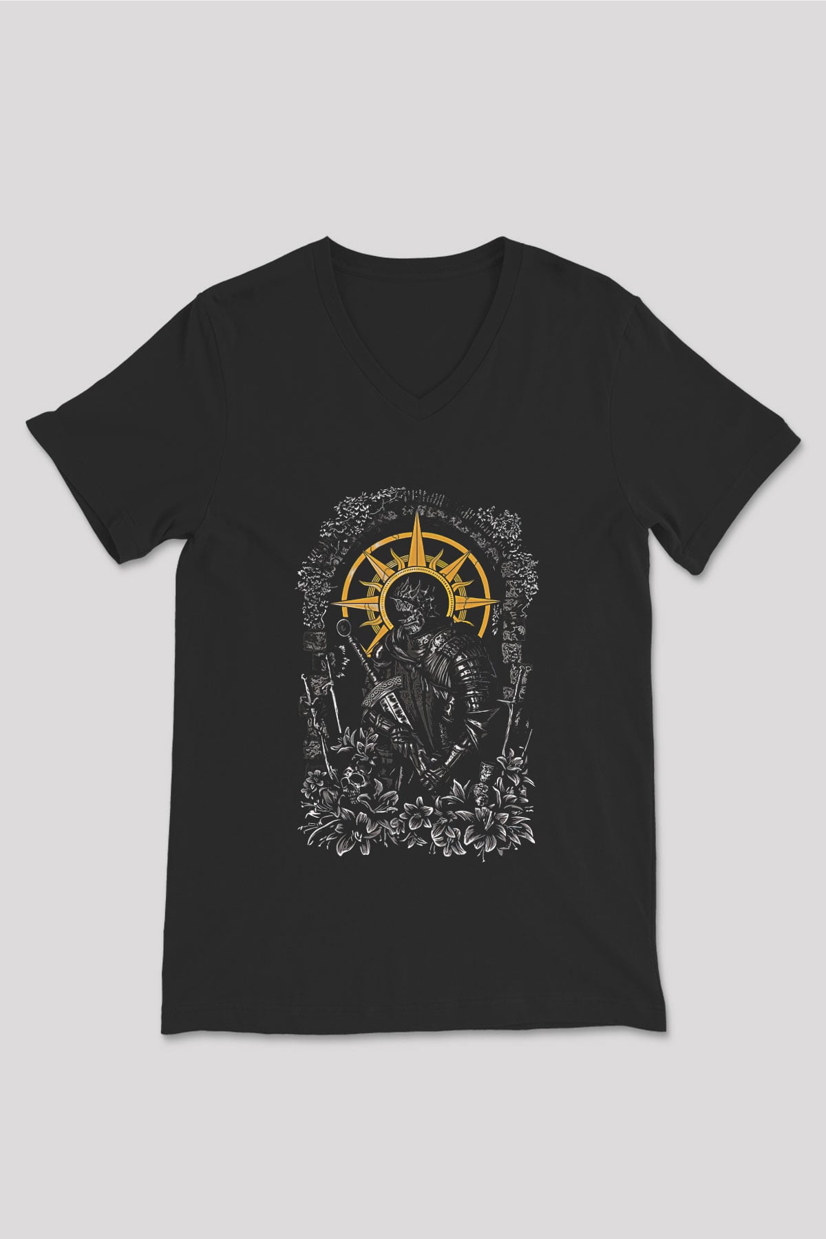 Dark Souls Baskılı Unisex Siyah V Yaka Tişört - Tshirt