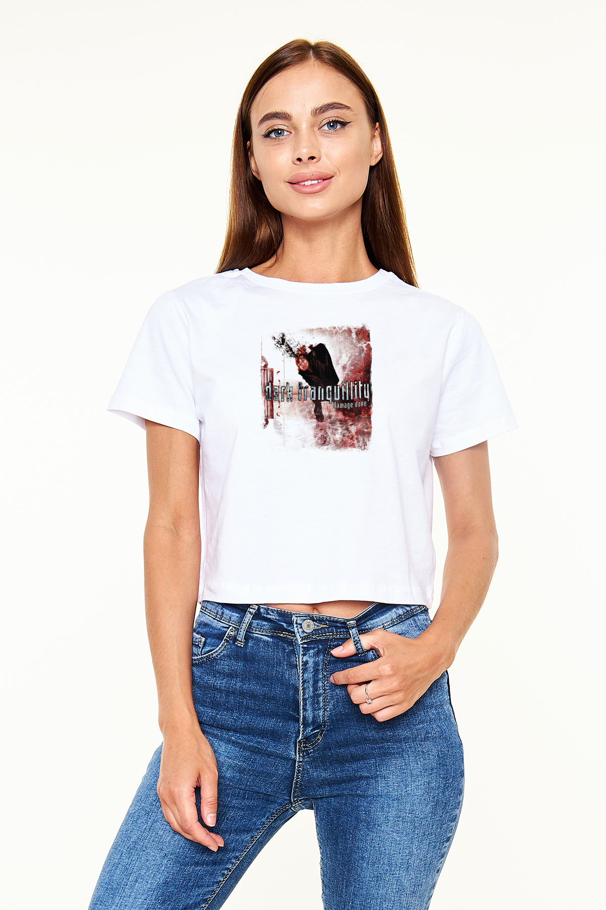 Dark Tranquillity Baskılı Unisex Beyaz Crop Top Tişört