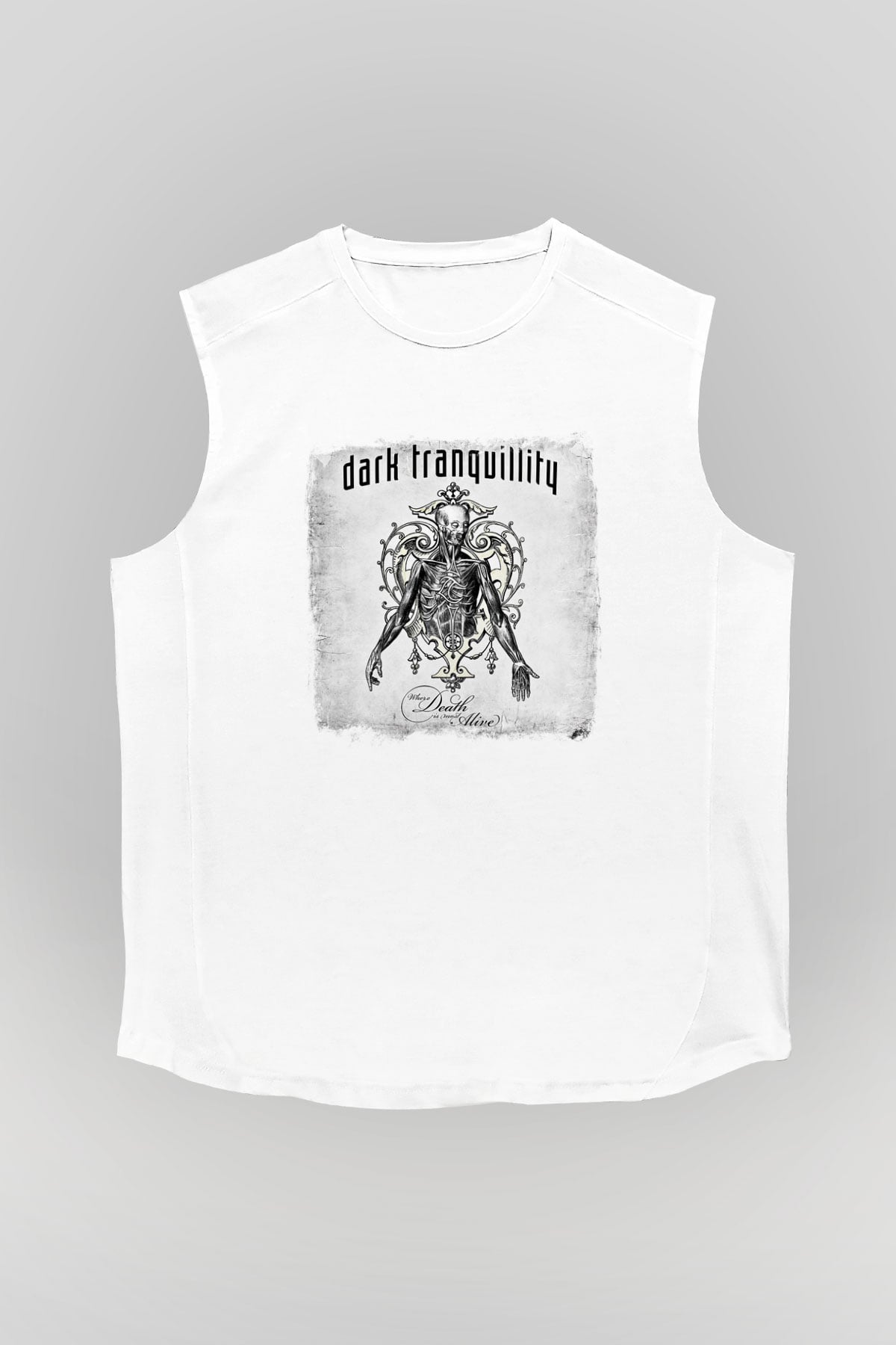 Dark Tranquillity Baskılı Unisex Beyaz Kolsuz Tişört