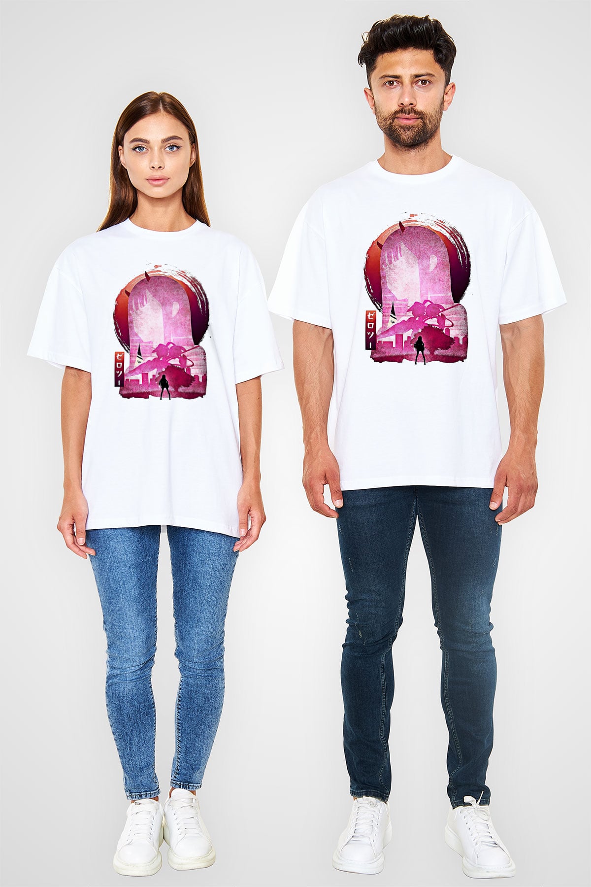 Darling İn The Franxx Baskılı Beyaz Unisex Oversize Tişört - Tshirt