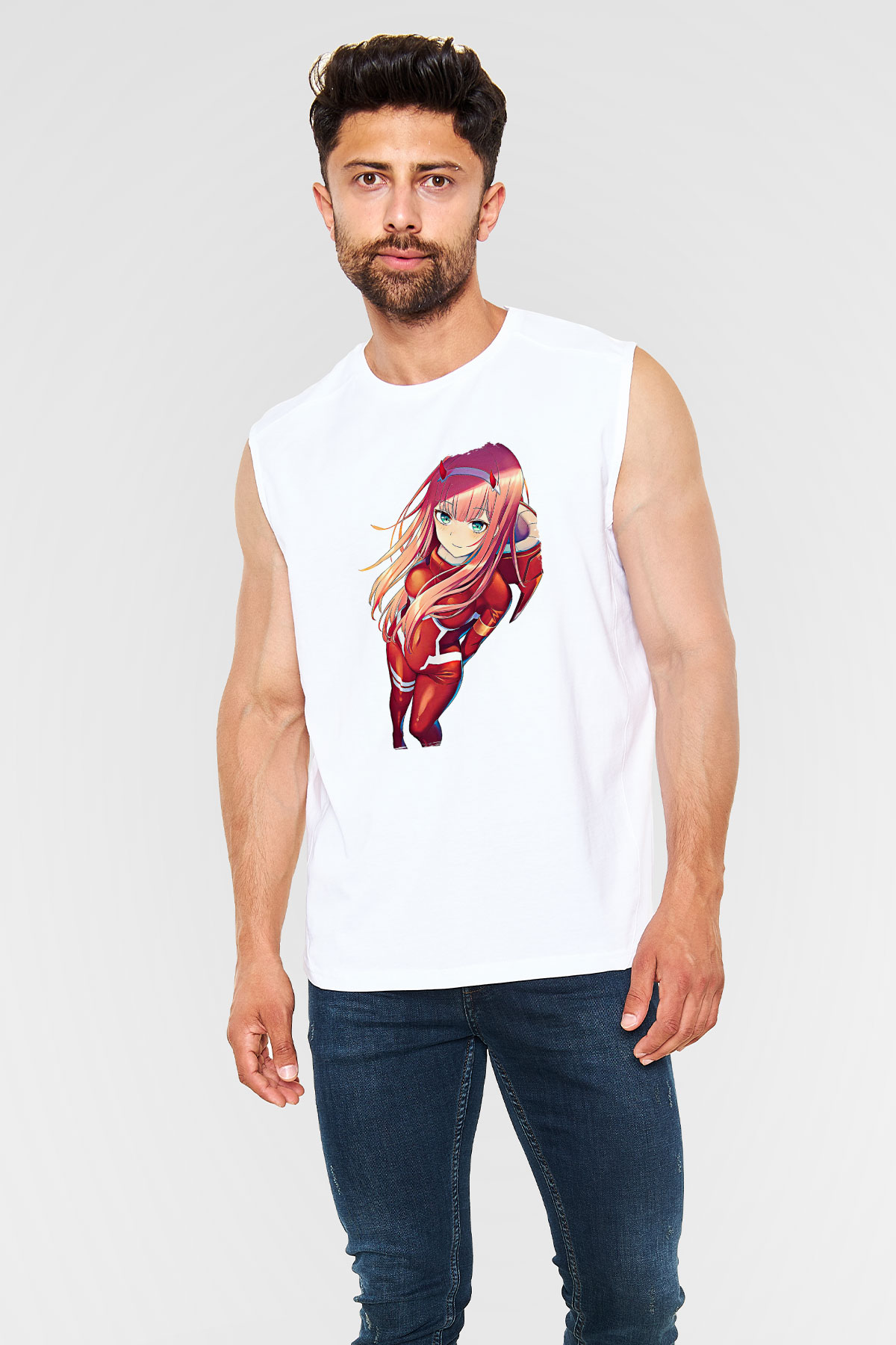 Darling İn The Franxx Baskılı Beyaz Unisex Kolsuz Tişört - Tshirt