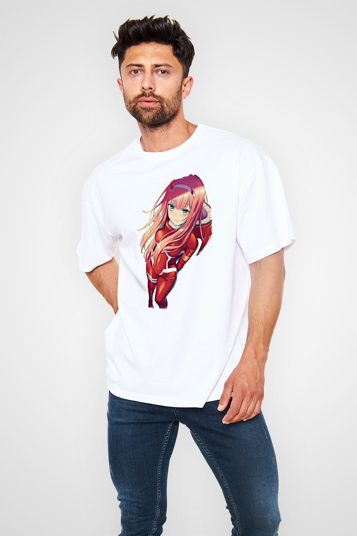 Darling İn The Franxx Baskılı Beyaz Unisex Oversize Tişört - Tshirt