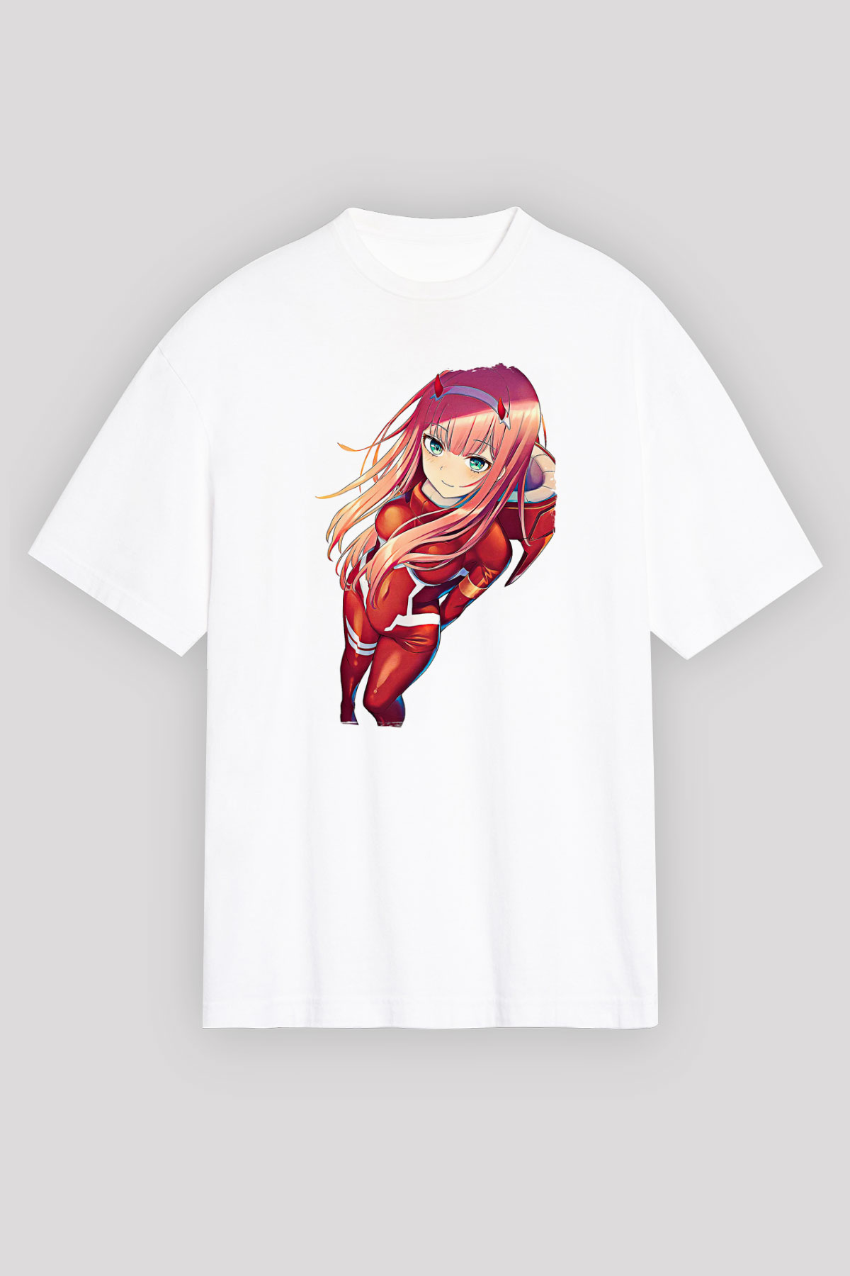 Darling İn The Franxx Baskılı Beyaz Unisex Oversize Tişört - Tshirt