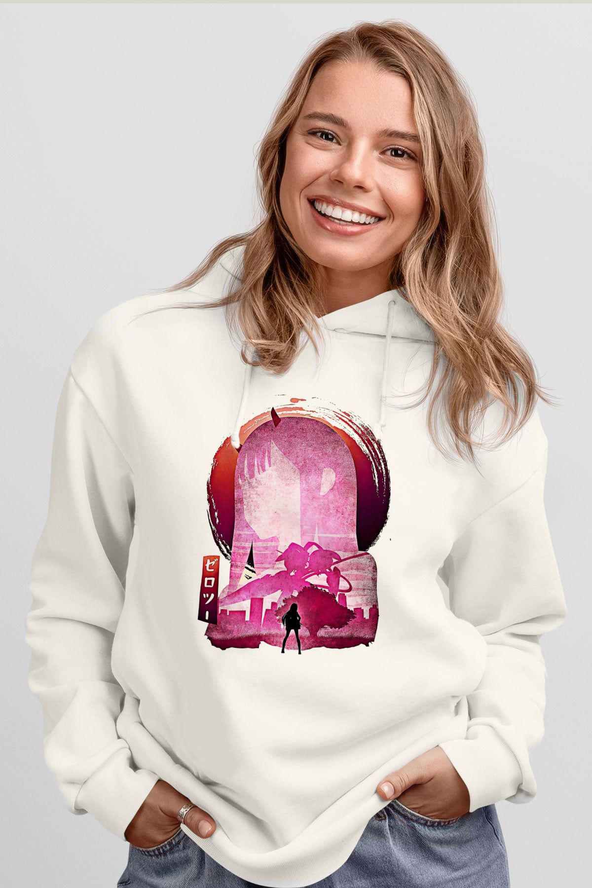 Darling İn The Franxx Baskılı Beyaz Unisex Hoodie