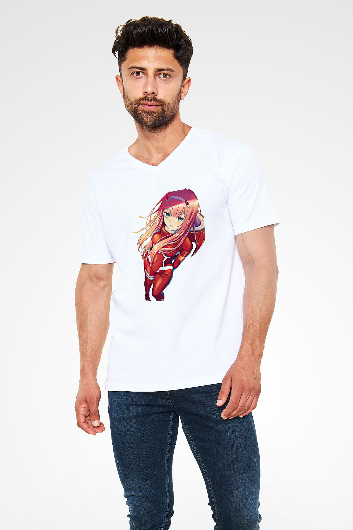 Darling İn The Franxx Baskılı Beyaz Unisex V Yaka Tişört - Tshirt