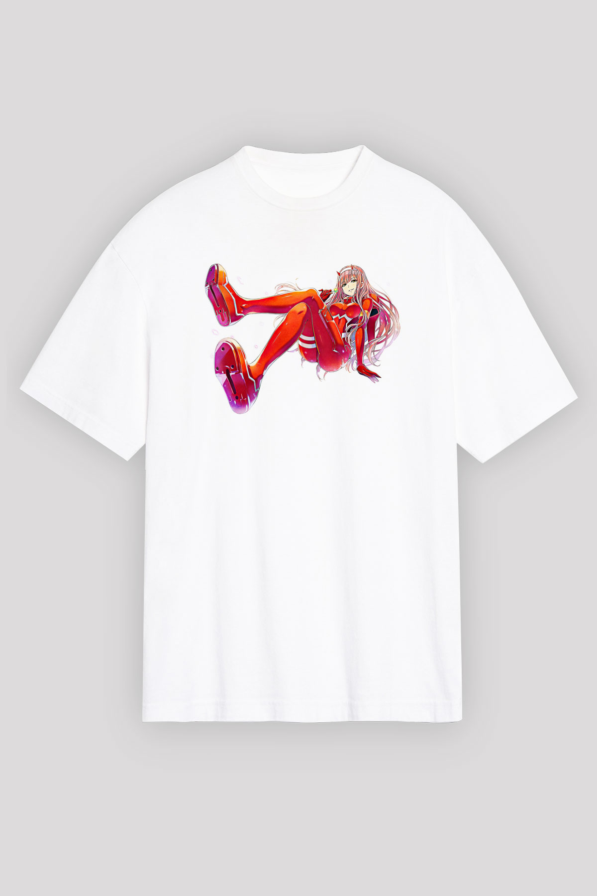 Darling İn The Franxx Baskılı Beyaz Unisex Oversize Tişört - Tshirt