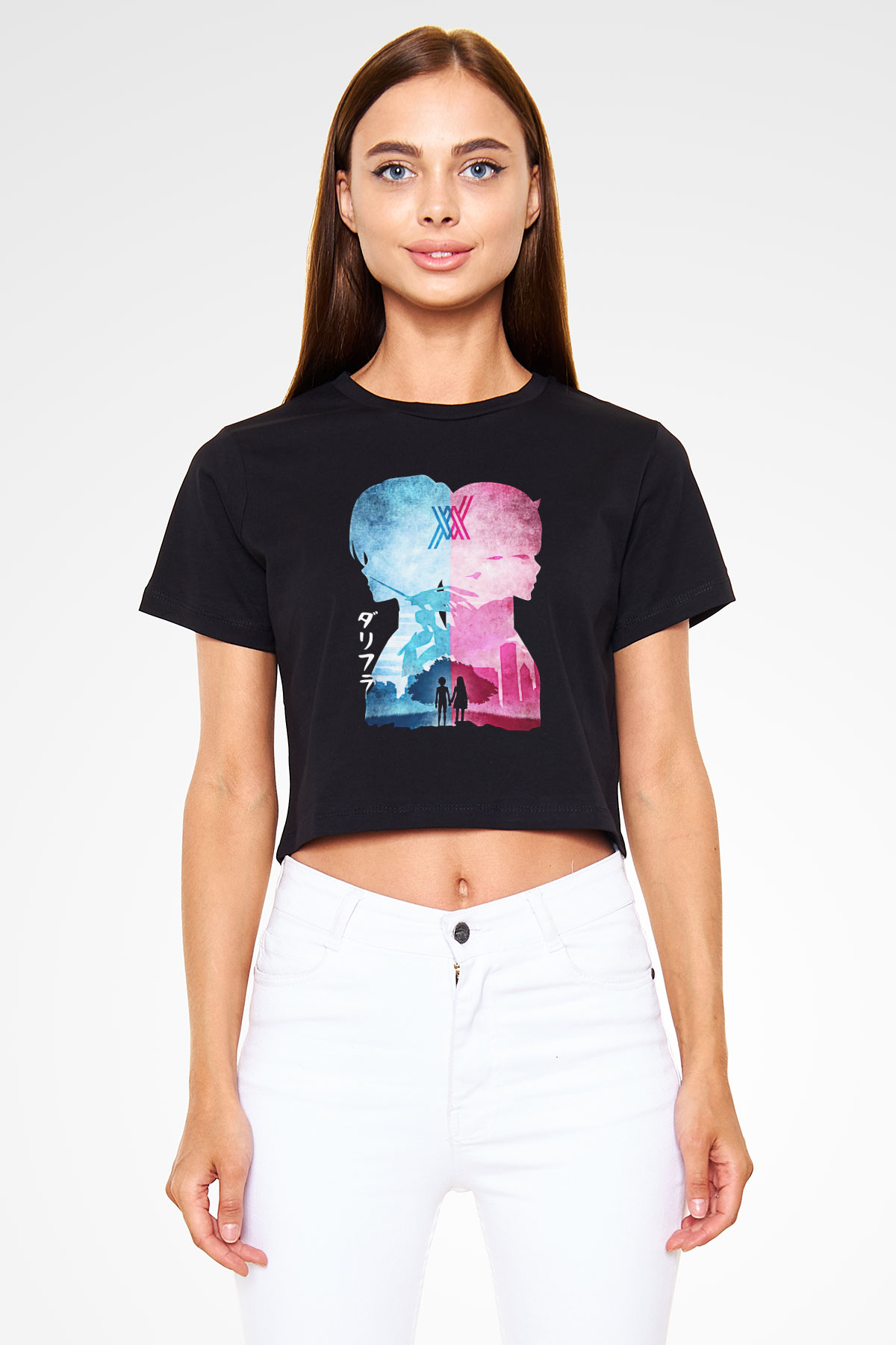 Darling İn The Franxx Baskılı Siyah Crop Top Kadın Tişört - Tshirt