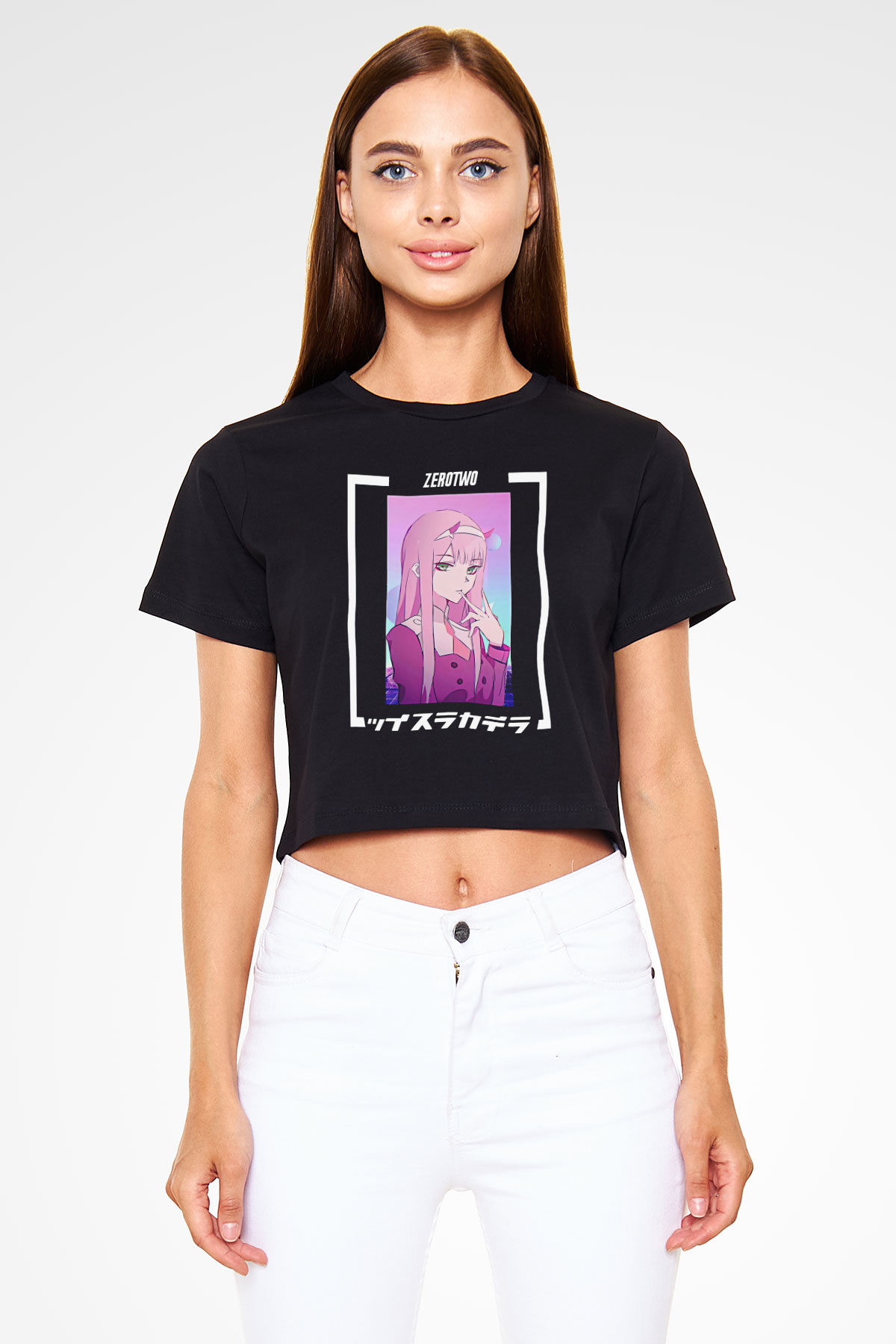 Darling İn The Franxx Baskılı Siyah Crop Top Kadın Tişört - Tshirt