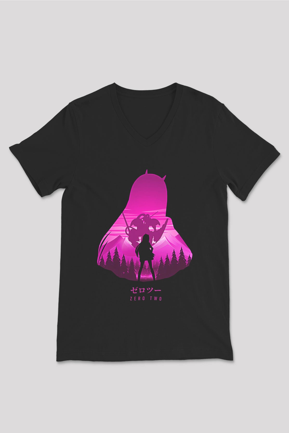 Darling İn The Franxx Baskılı Unisex Siyah V Yaka Tişört - Tshirt