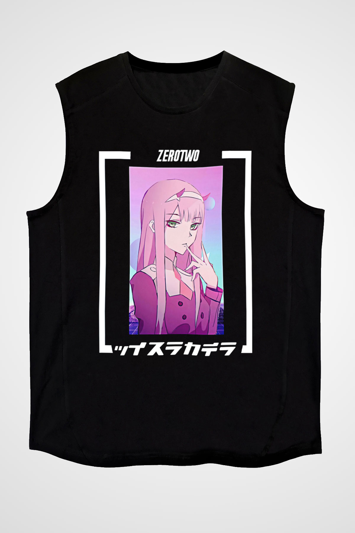 Darling İn The Franxx Baskılı Unisex Siyah Kolsuz Tişört - Tshirt