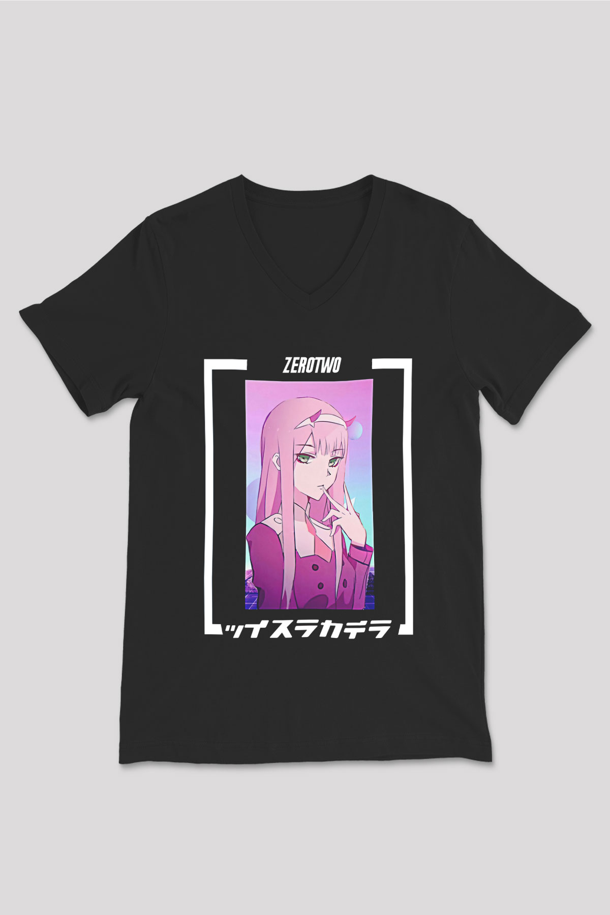 Darling İn The Franxx Baskılı Unisex Siyah V Yaka Tişört - Tshirt
