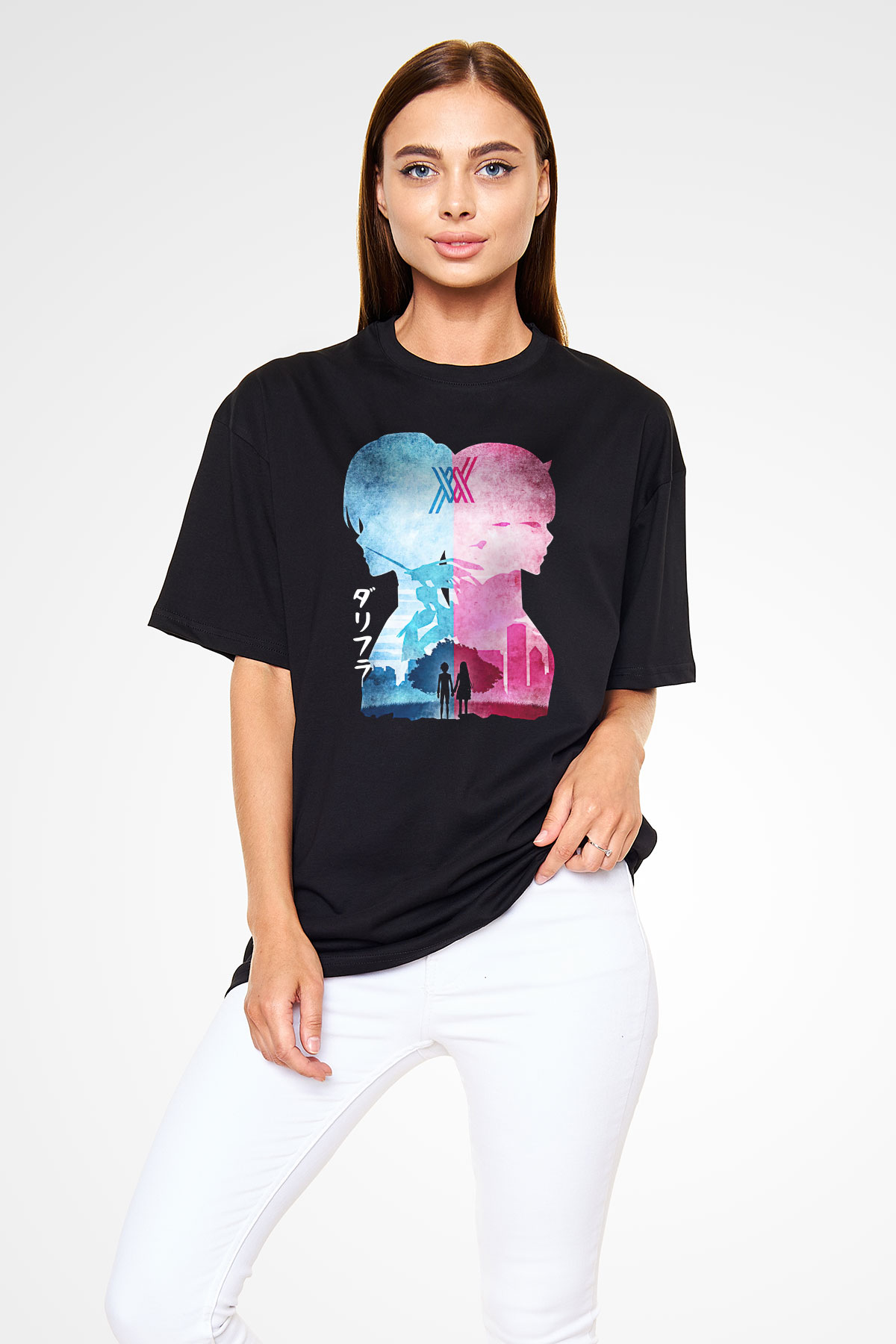 Darling İn The Franxx Baskılı Unisex Siyah Oversize Tişört - Tshirt