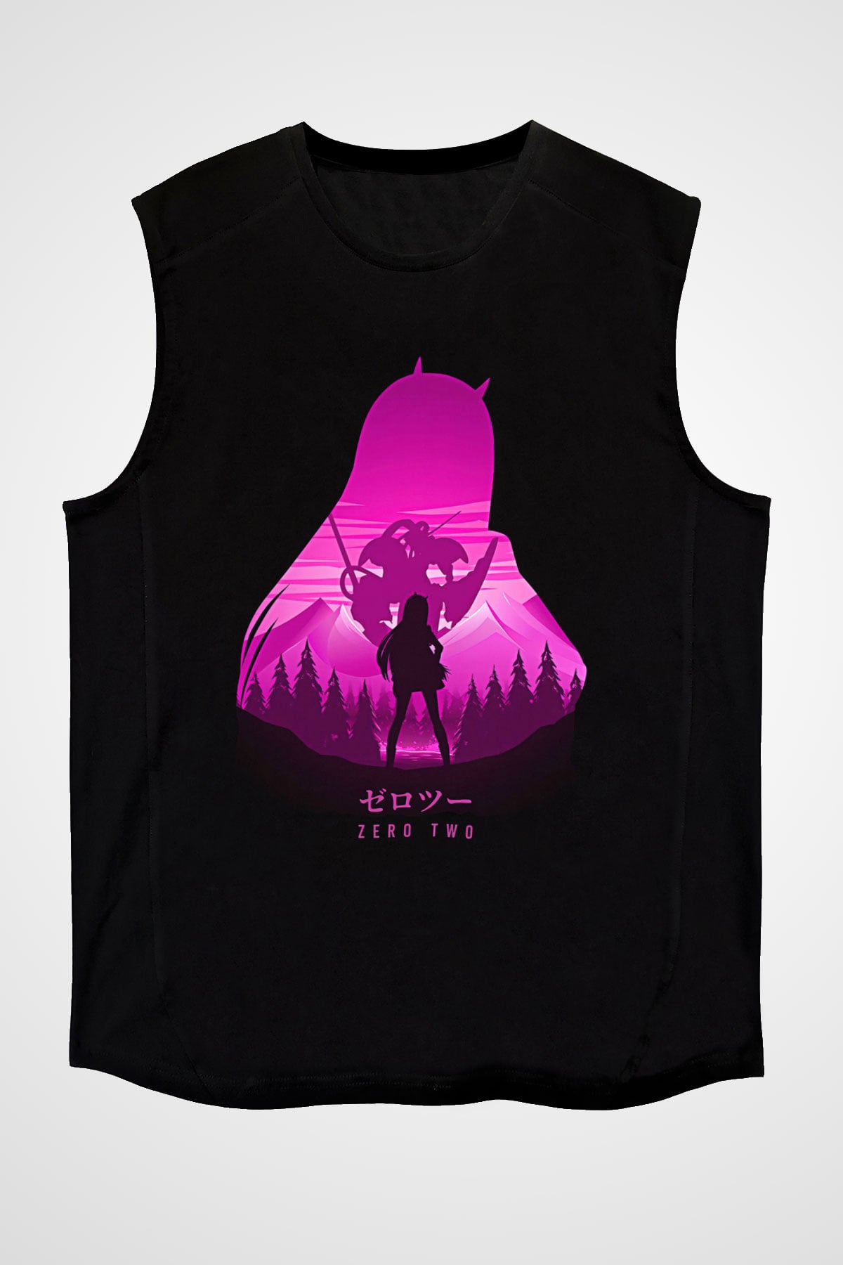 Darling İn The Franxx Baskılı Unisex Siyah Kolsuz Tişört - Tshirt