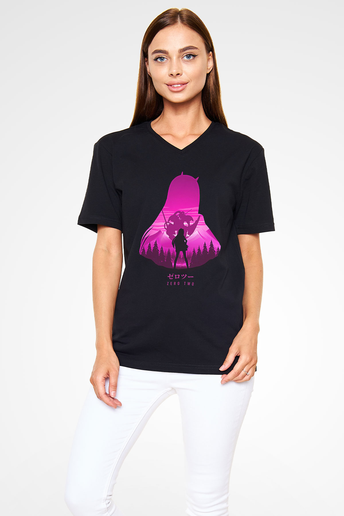 Darling İn The Franxx Baskılı Unisex Siyah V Yaka Tişört - Tshirt