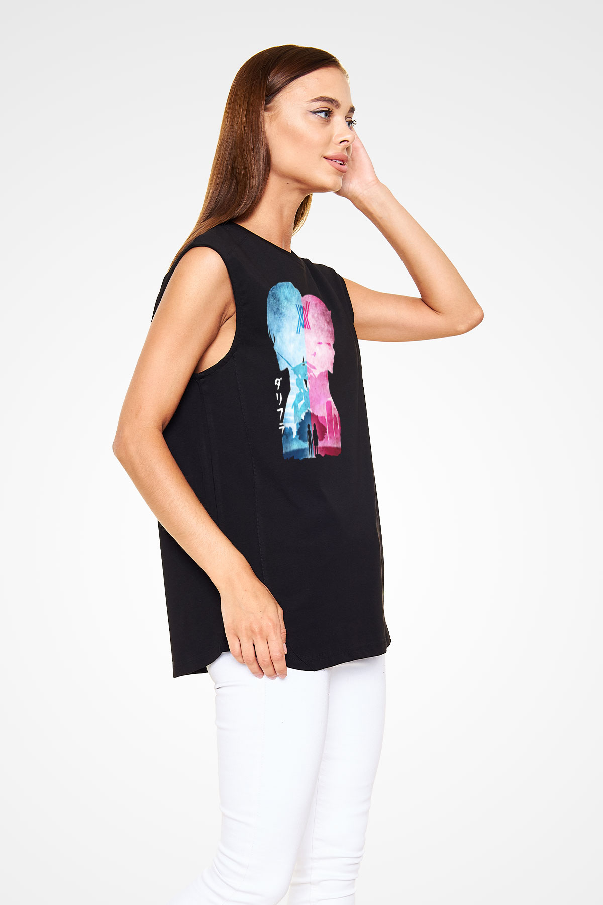 Darling İn The Franxx Baskılı Unisex Siyah Kolsuz Tişört - Tshirt