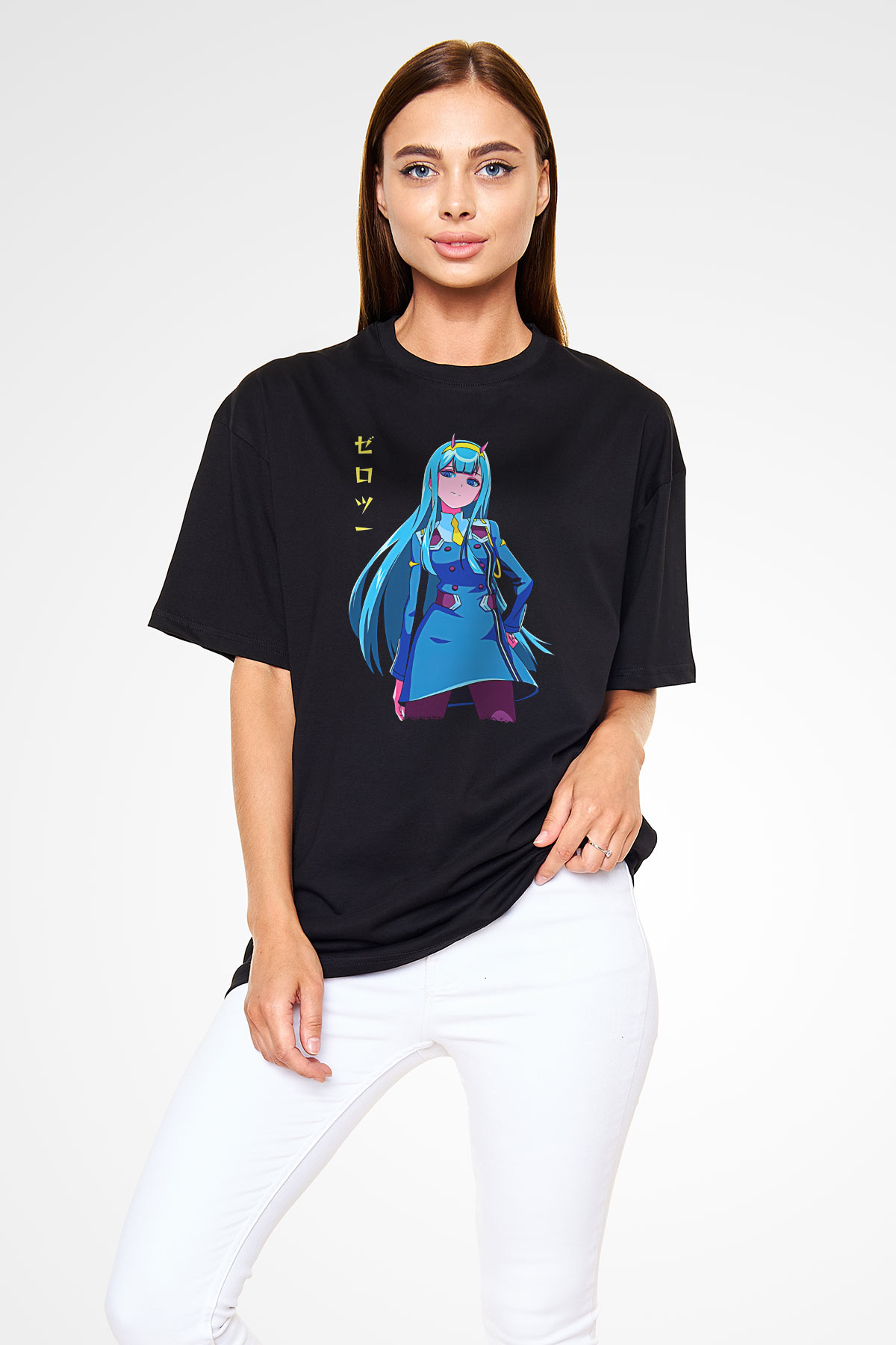 Darling İn The Franxx Baskılı Unisex Siyah Oversize Tişört - Tshirt