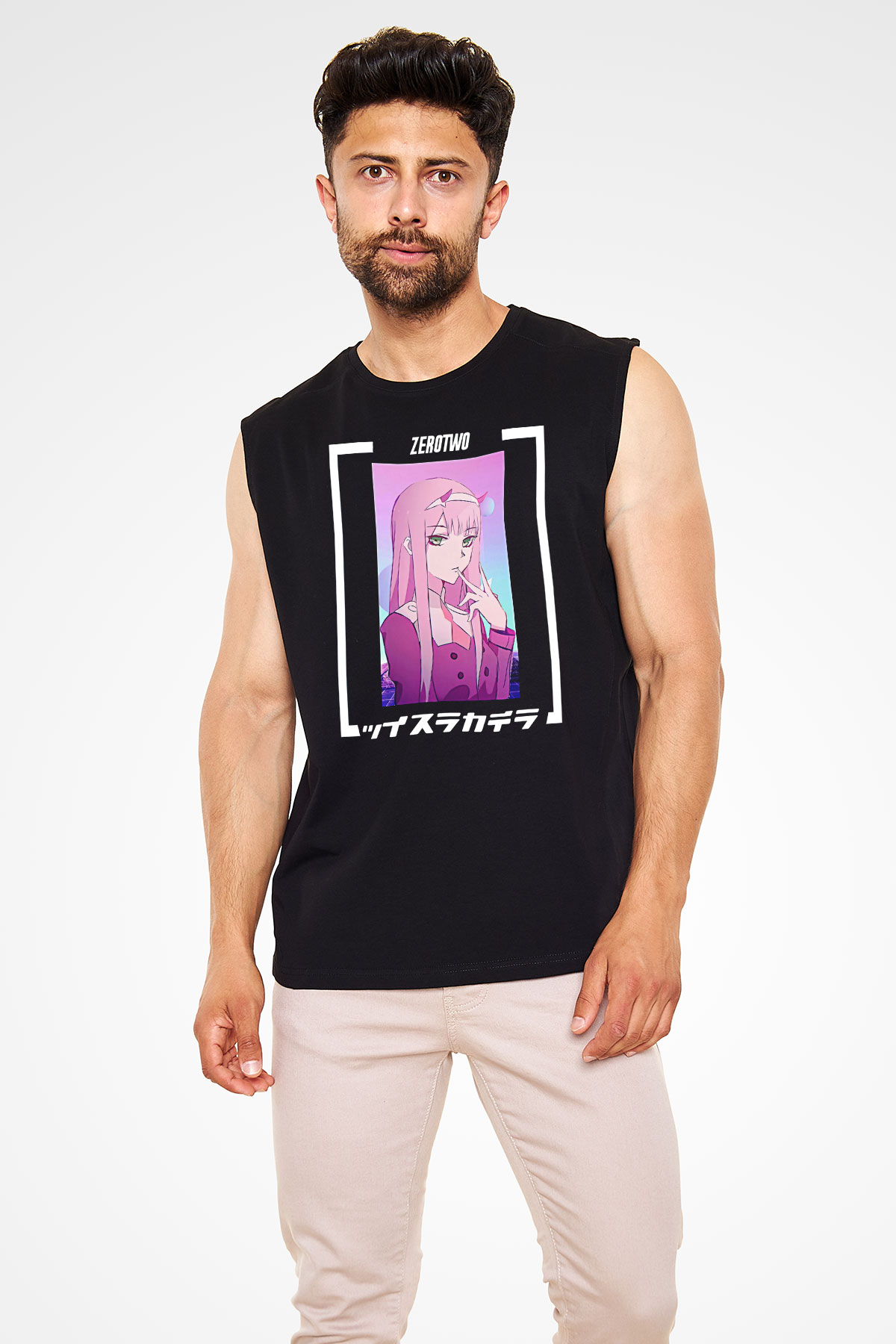 Darling İn The Franxx Baskılı Unisex Siyah Kolsuz Tişört - Tshirt