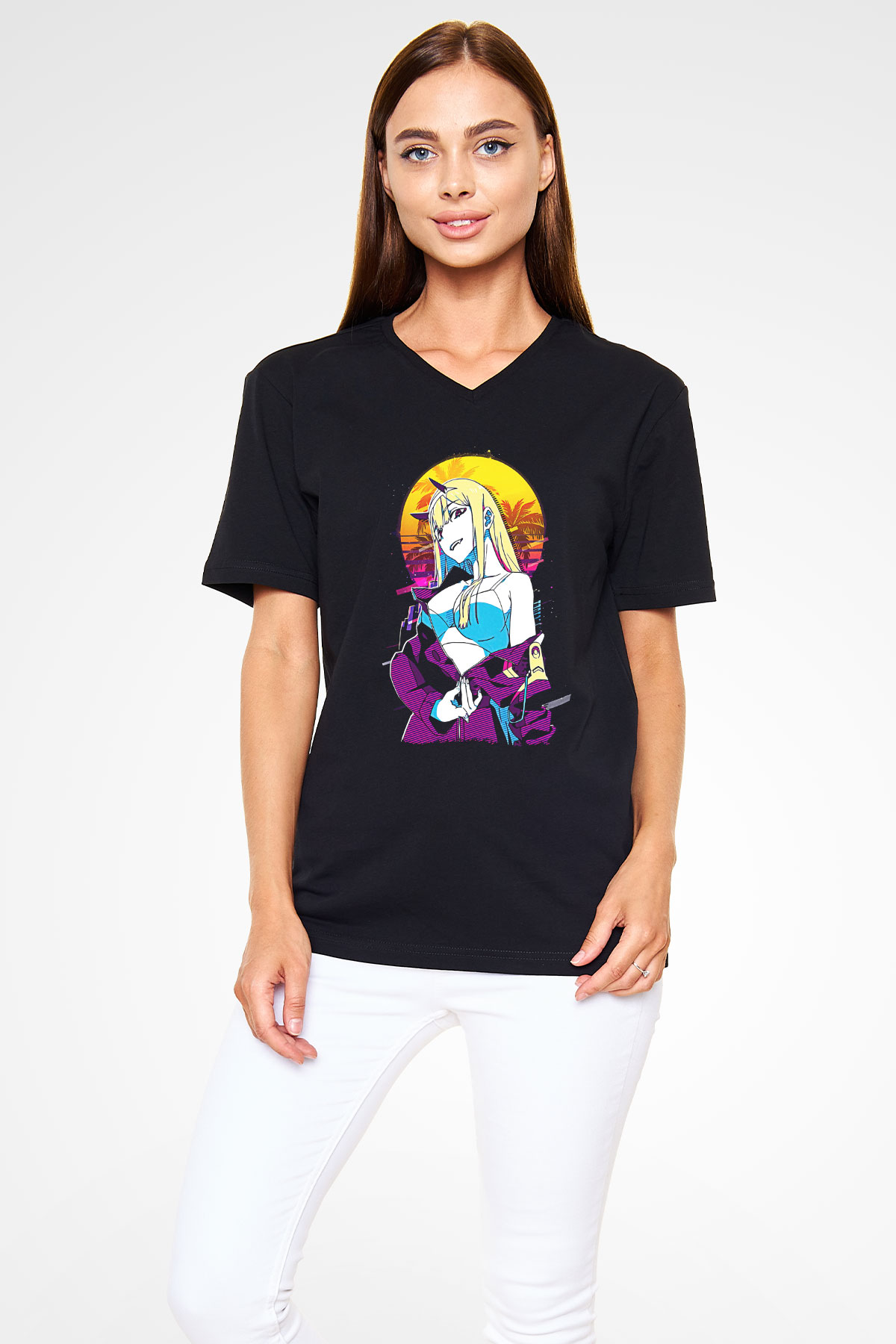 Darling İn The Franxx Baskılı Unisex Siyah V Yaka Tişört - Tshirt