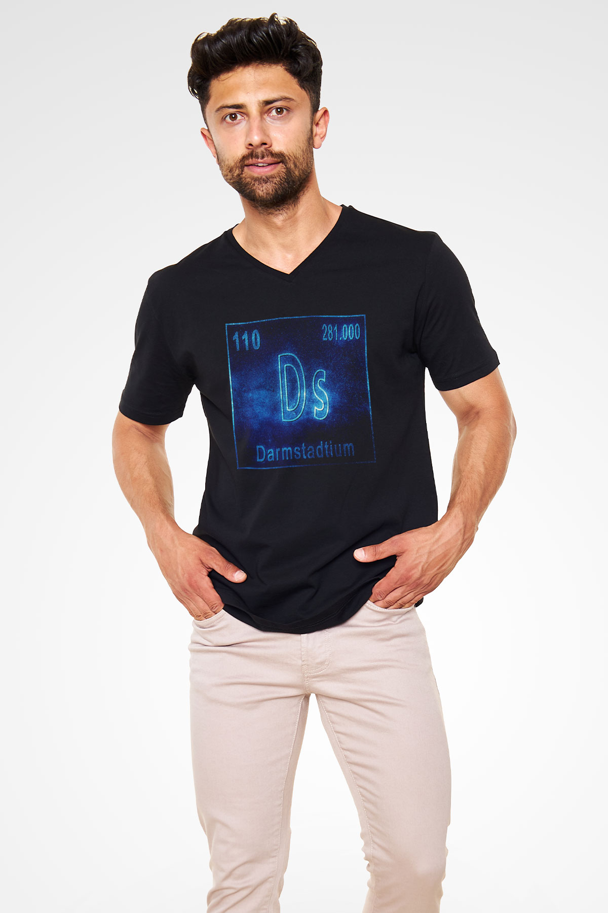 Darmstadtiyum Atom Numarası Baskılı Unisex Siyah V Yaka Tişört