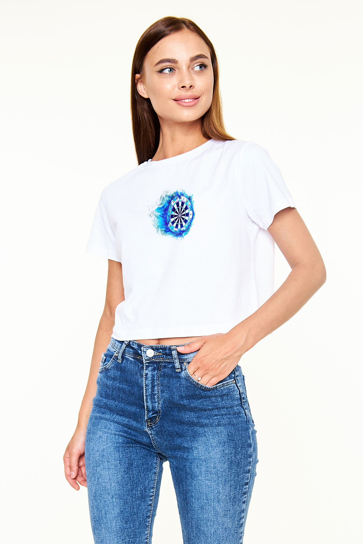 Dart Baskılı Crop Top Beyaz Tişört - T-shirt