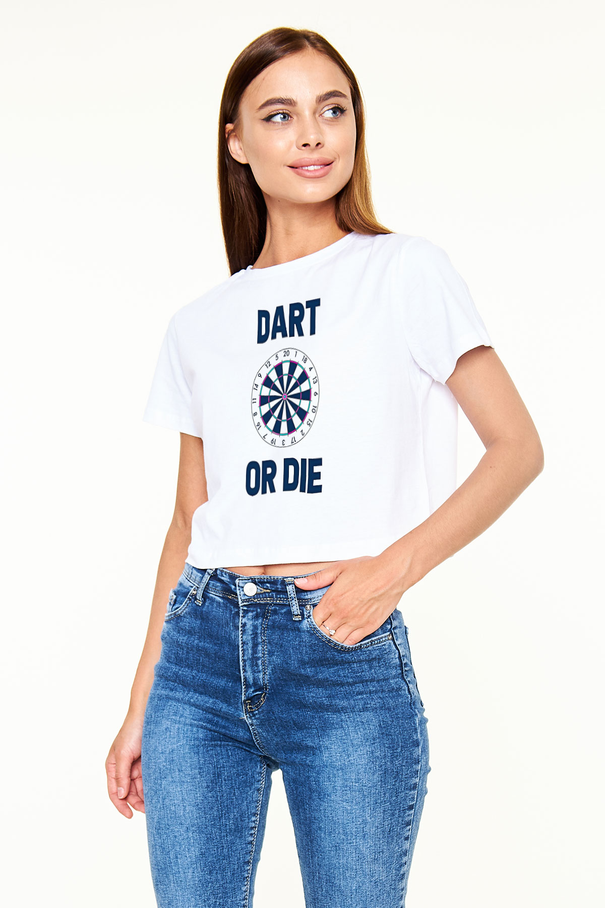 Dart Baskılı Crop Top Beyaz Tişört - T-shirt
