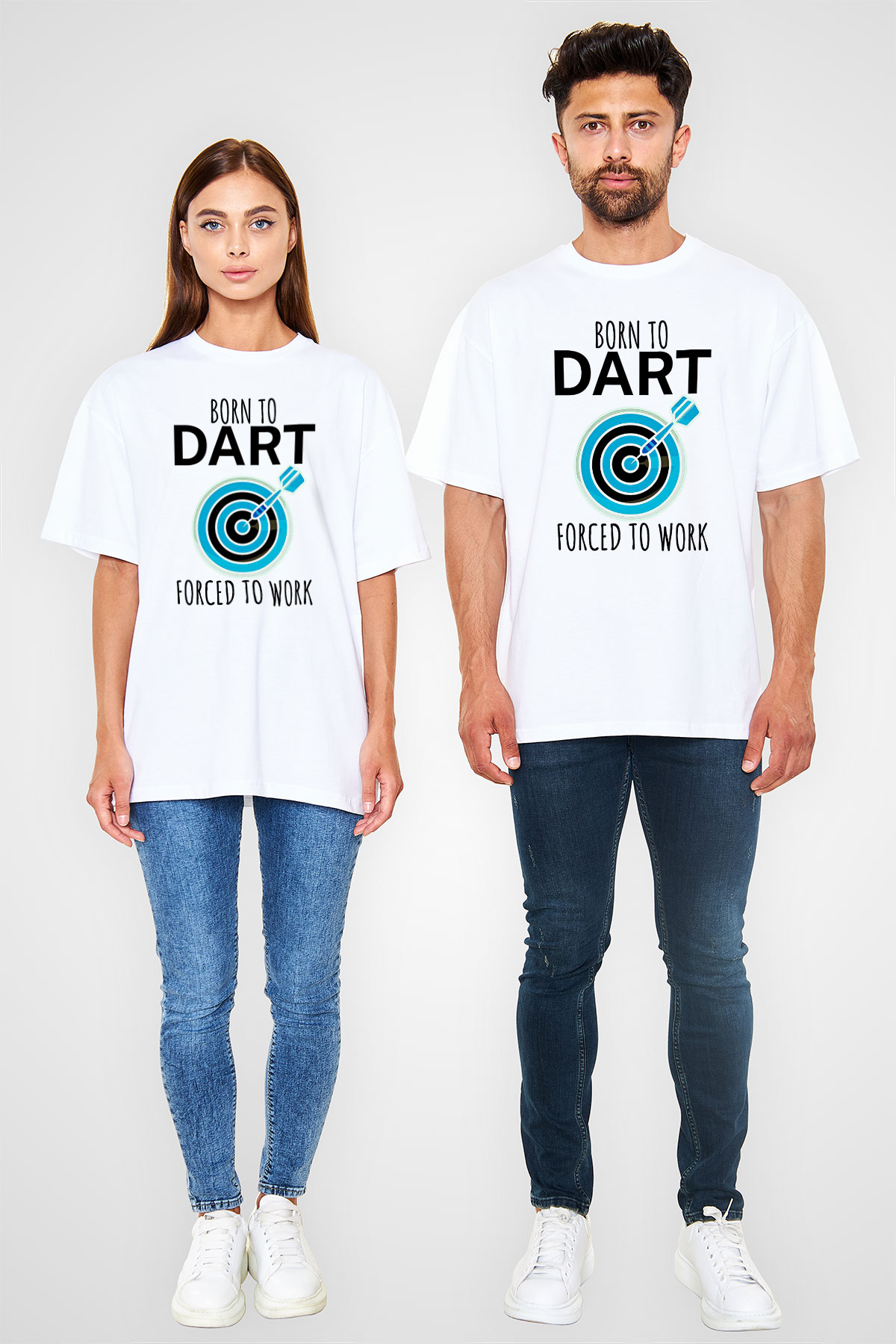 Dart Baskılı Unisex Beyaz Oversize Tişört - Tshirt