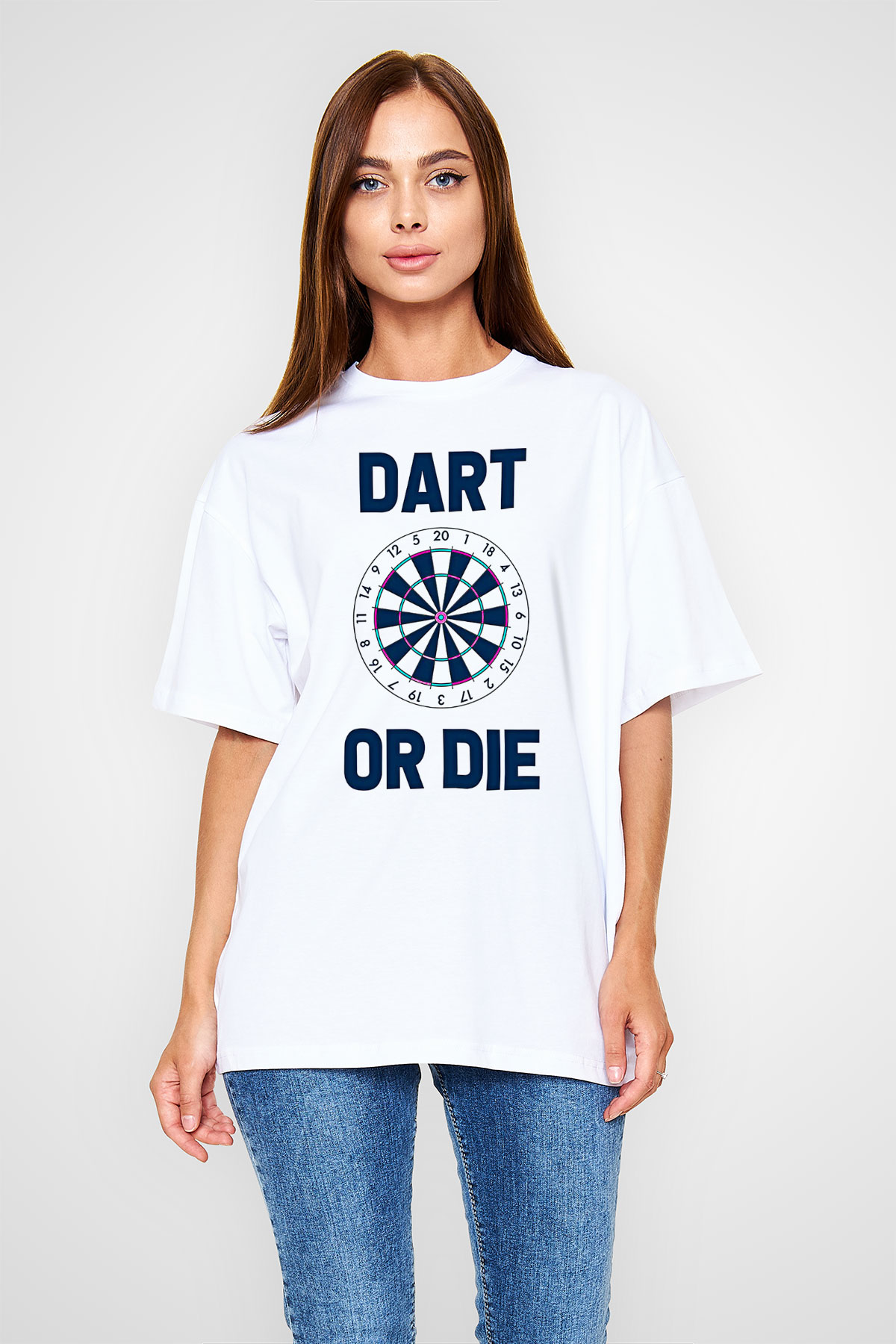 Dart Baskılı Unisex Beyaz Oversize Tişört - Tshirt