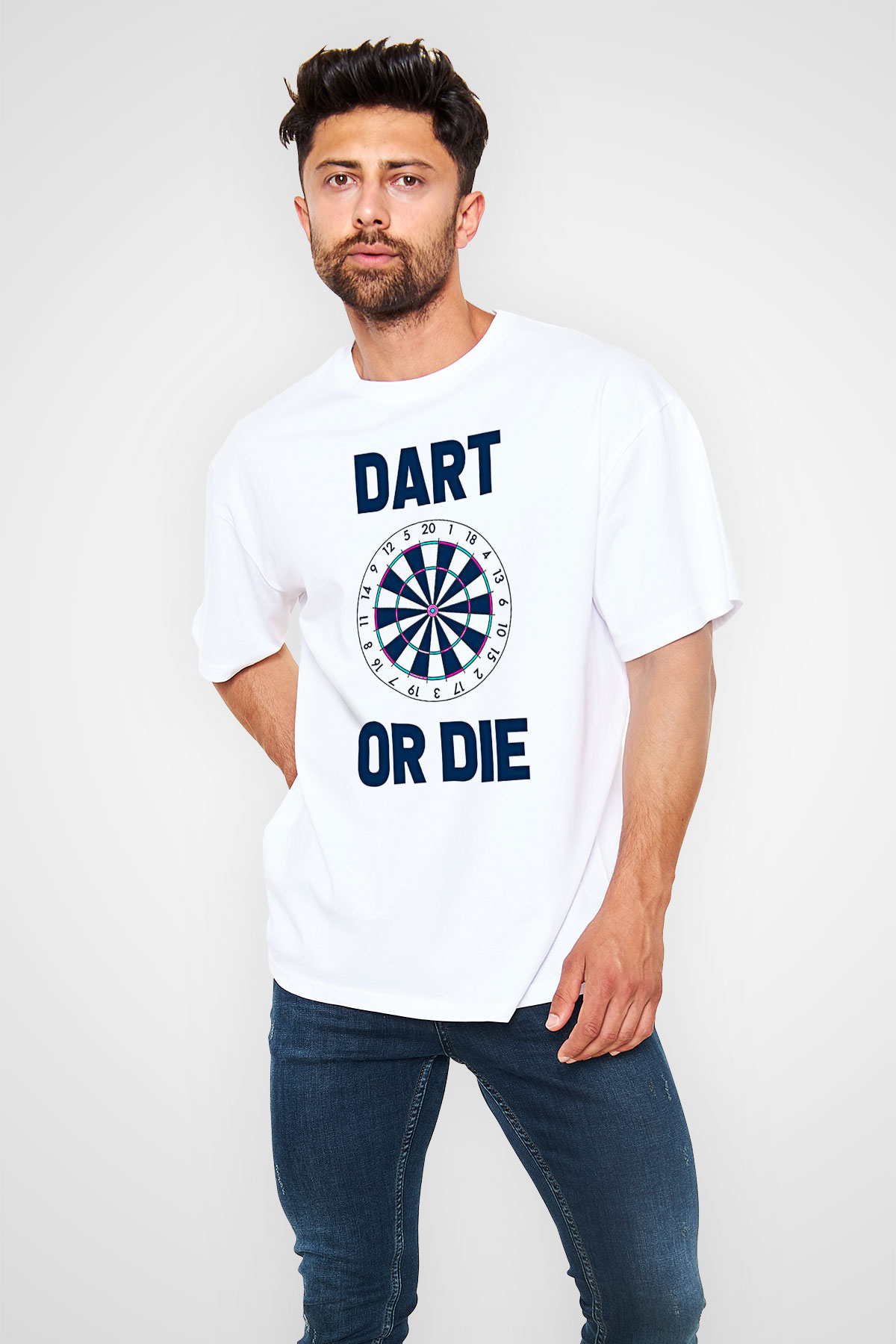 Dart Baskılı Unisex Beyaz Oversize Tişört - Tshirt