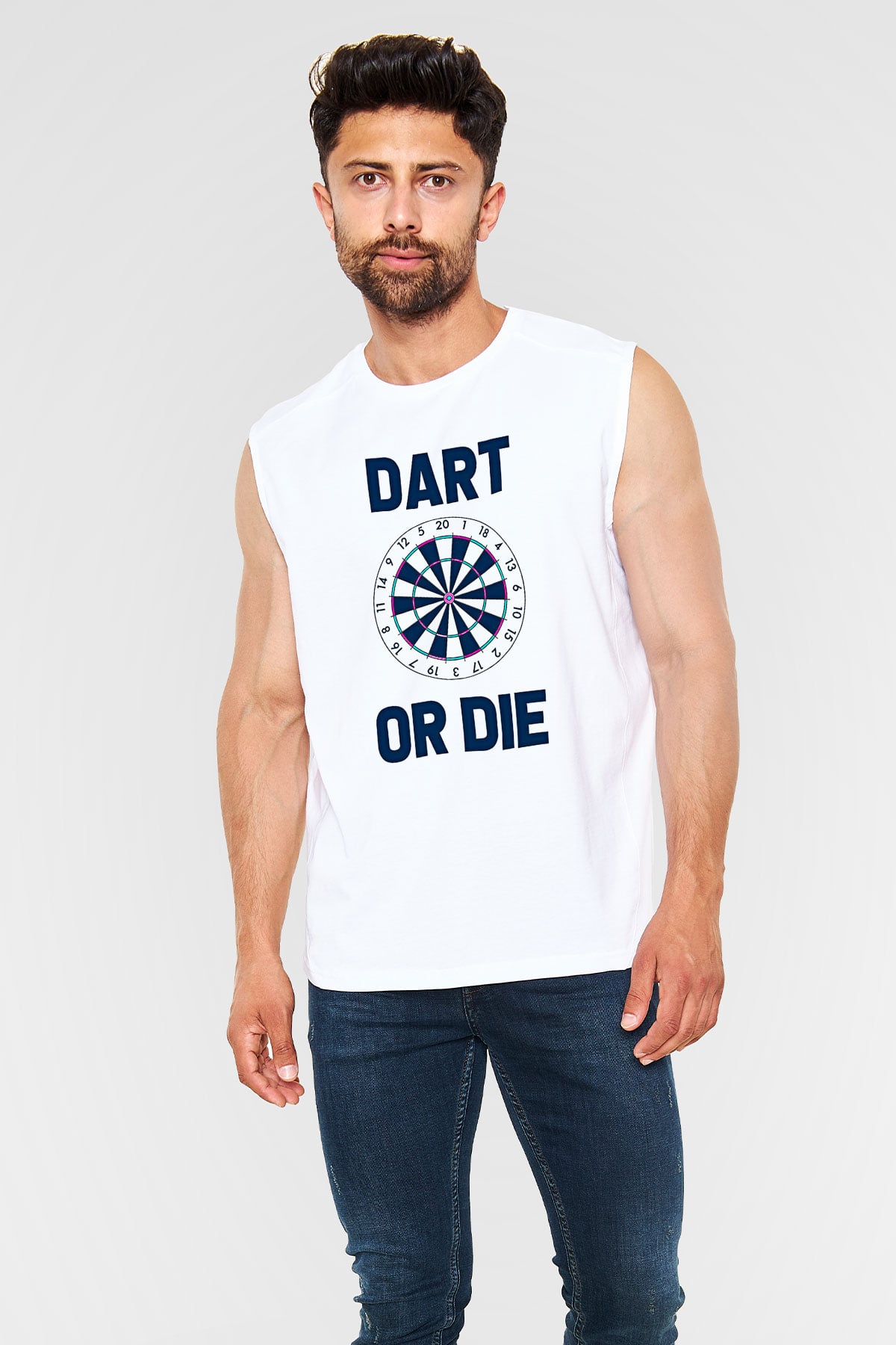 Dart Baskılı Unisex Kolsuz Beyaz Tişört