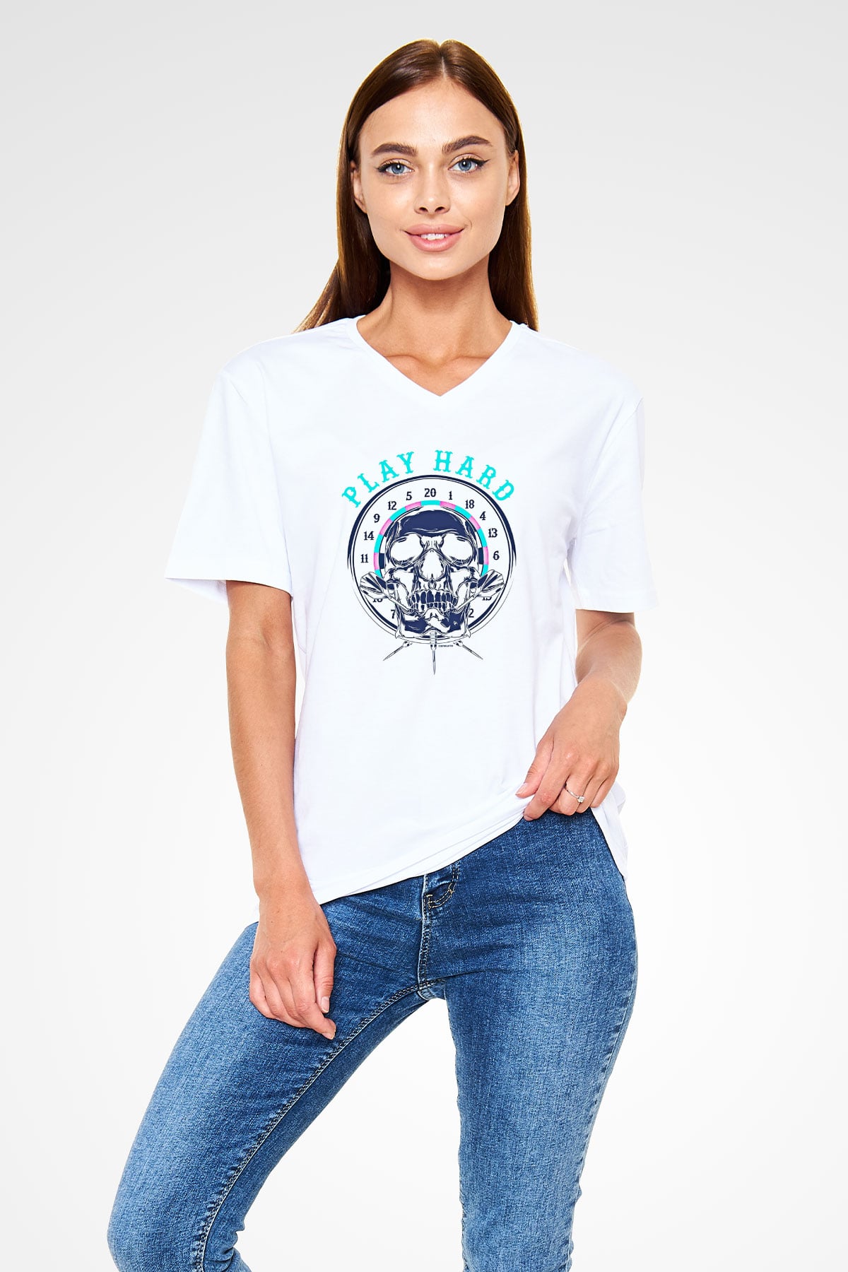 Dart Baskılı Unisex V Yaka Tişört - Tshirt