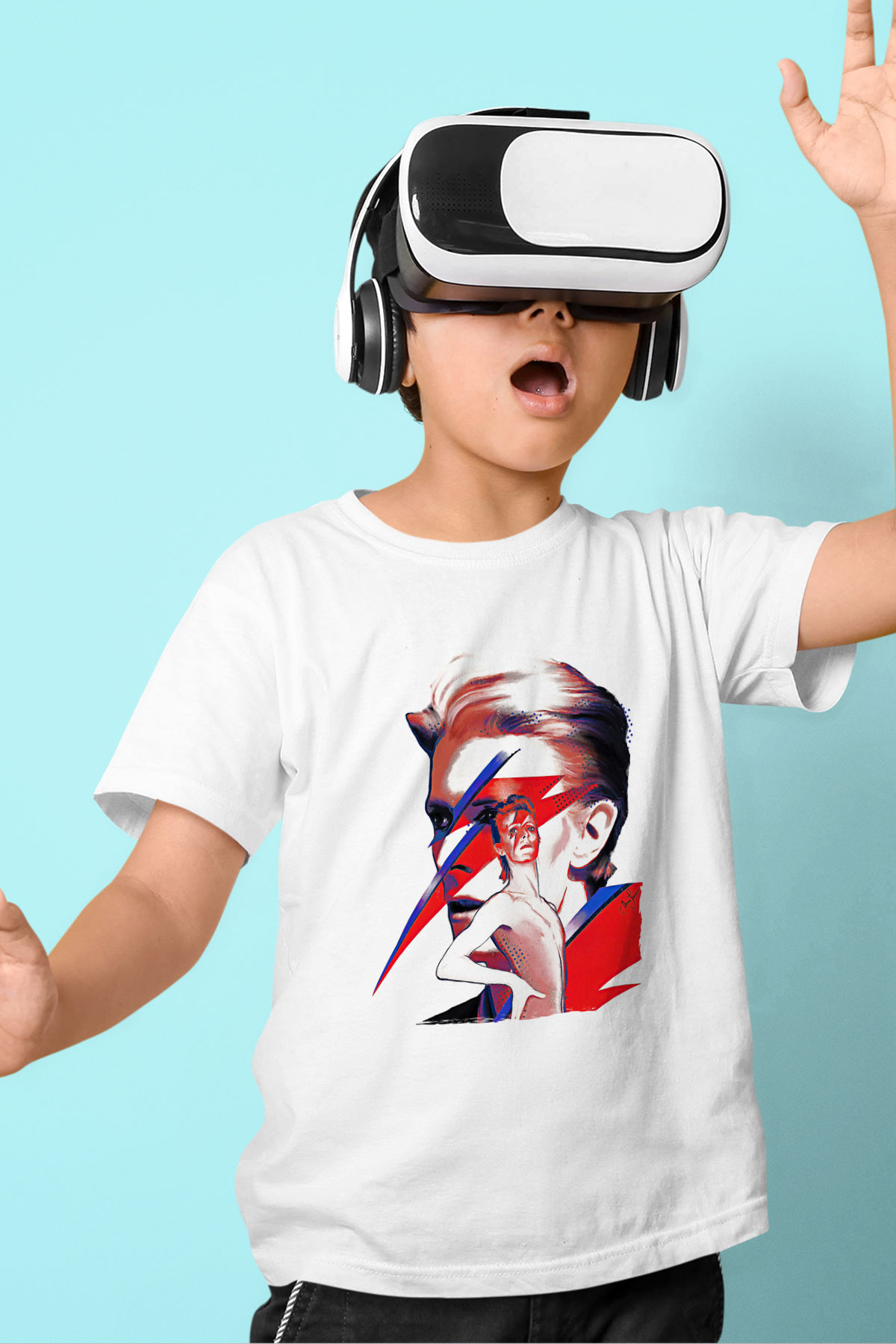 David Bowie Baskılı Beyaz Unisex Beyaz Çocuk Tişört - Tshirt