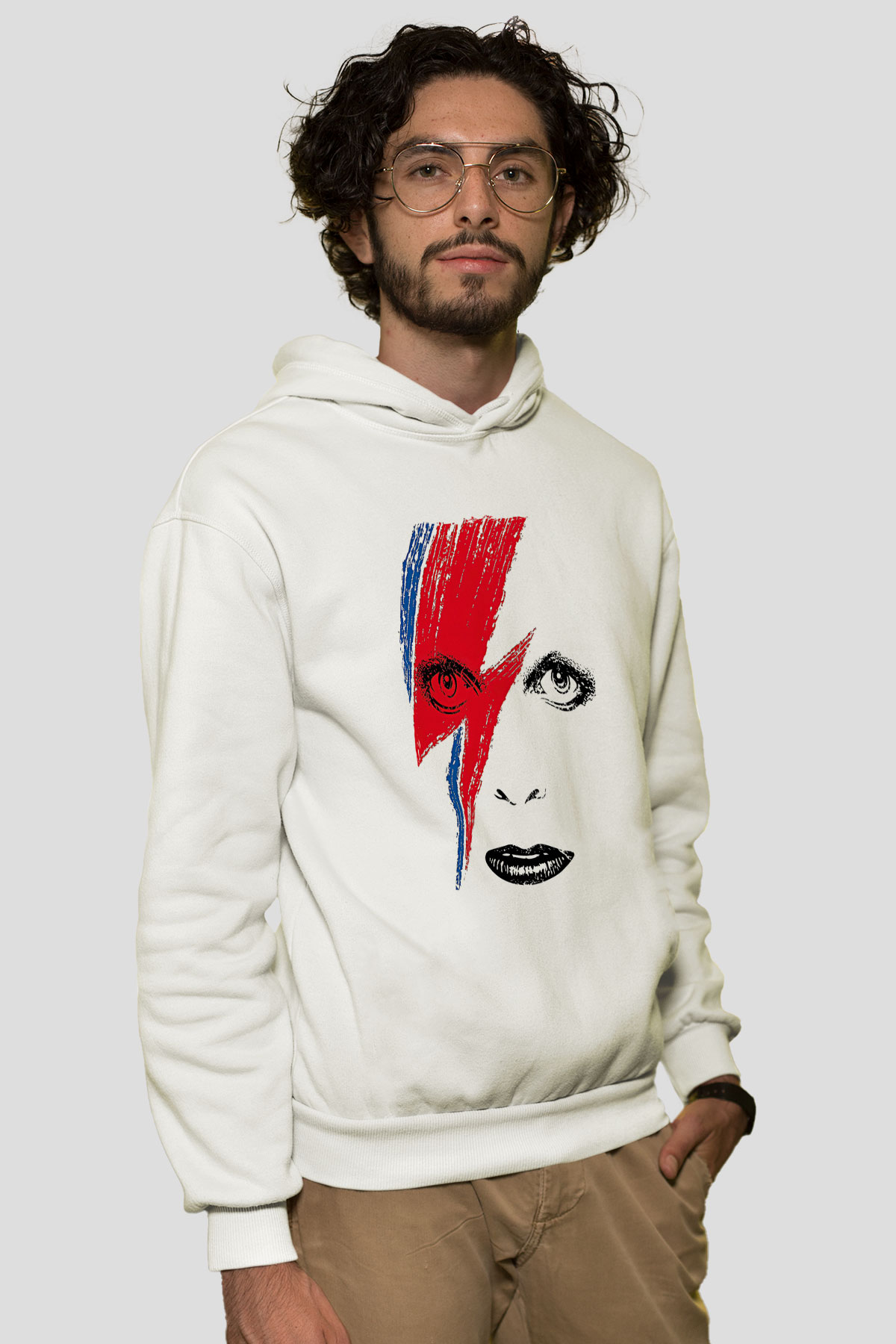 David Bowie Baskılı Beyaz Unisex Kapüşonlu Sweatshirt