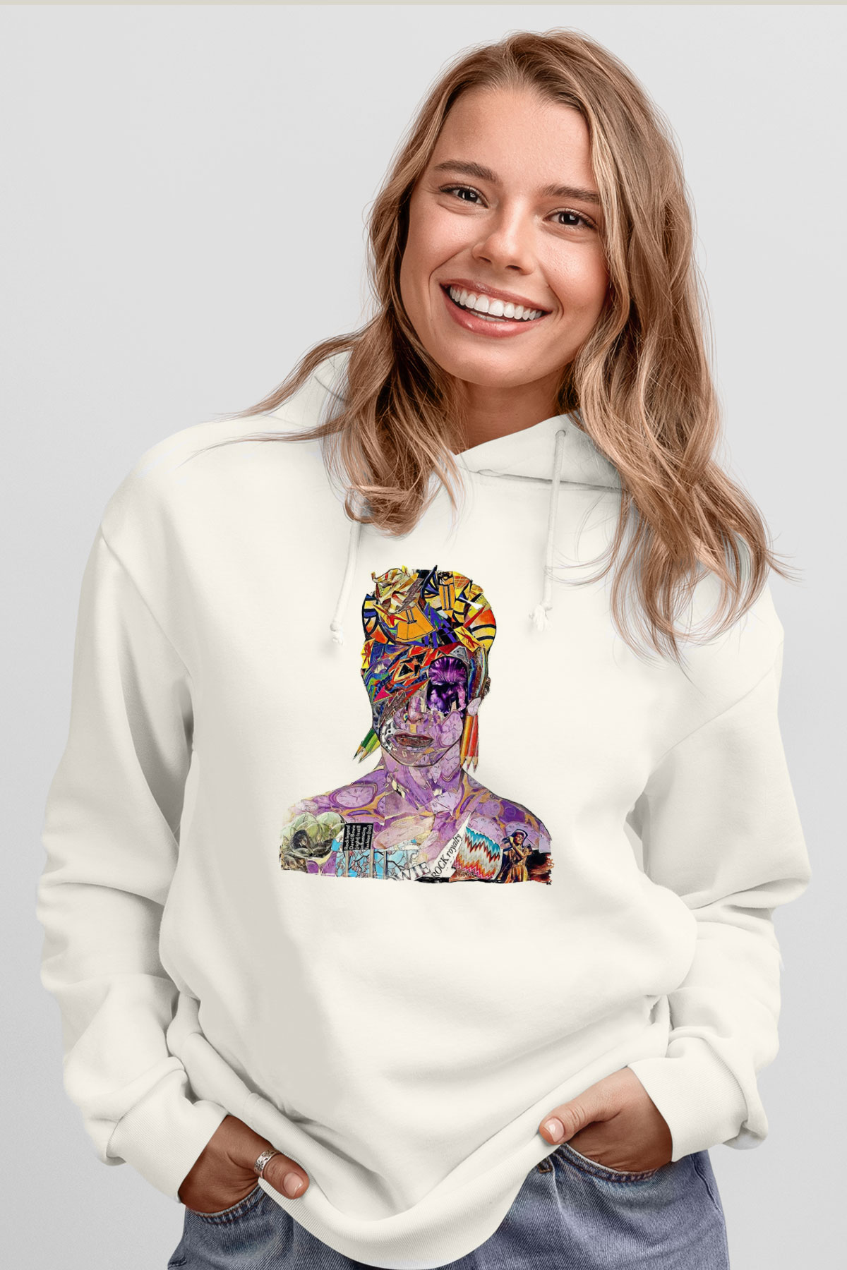 David Bowie Baskılı Beyaz Unisex Kapüşonlu Sweatshirt