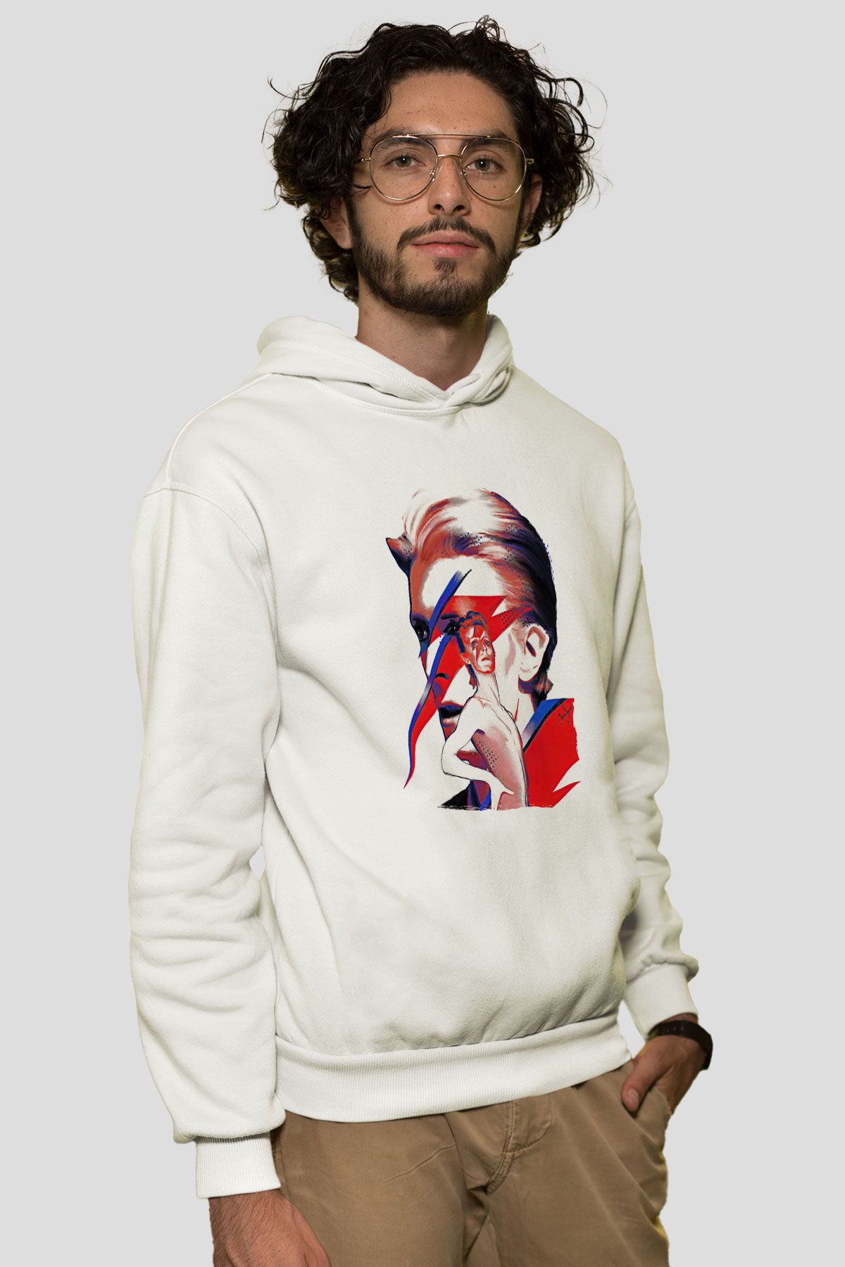 David Bowie Baskılı Beyaz Unisex Kapüşonlu Sweatshirt