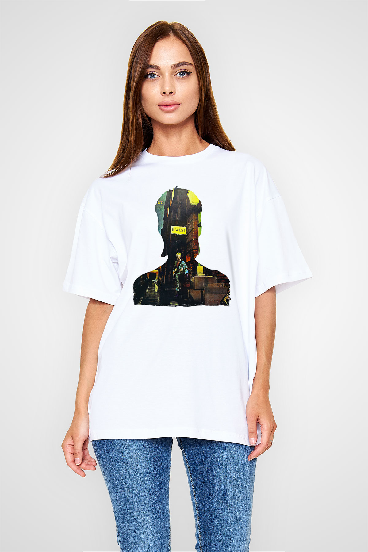 David Bowie Baskılı Beyaz Unisex Oversize Tişört - Tshirt