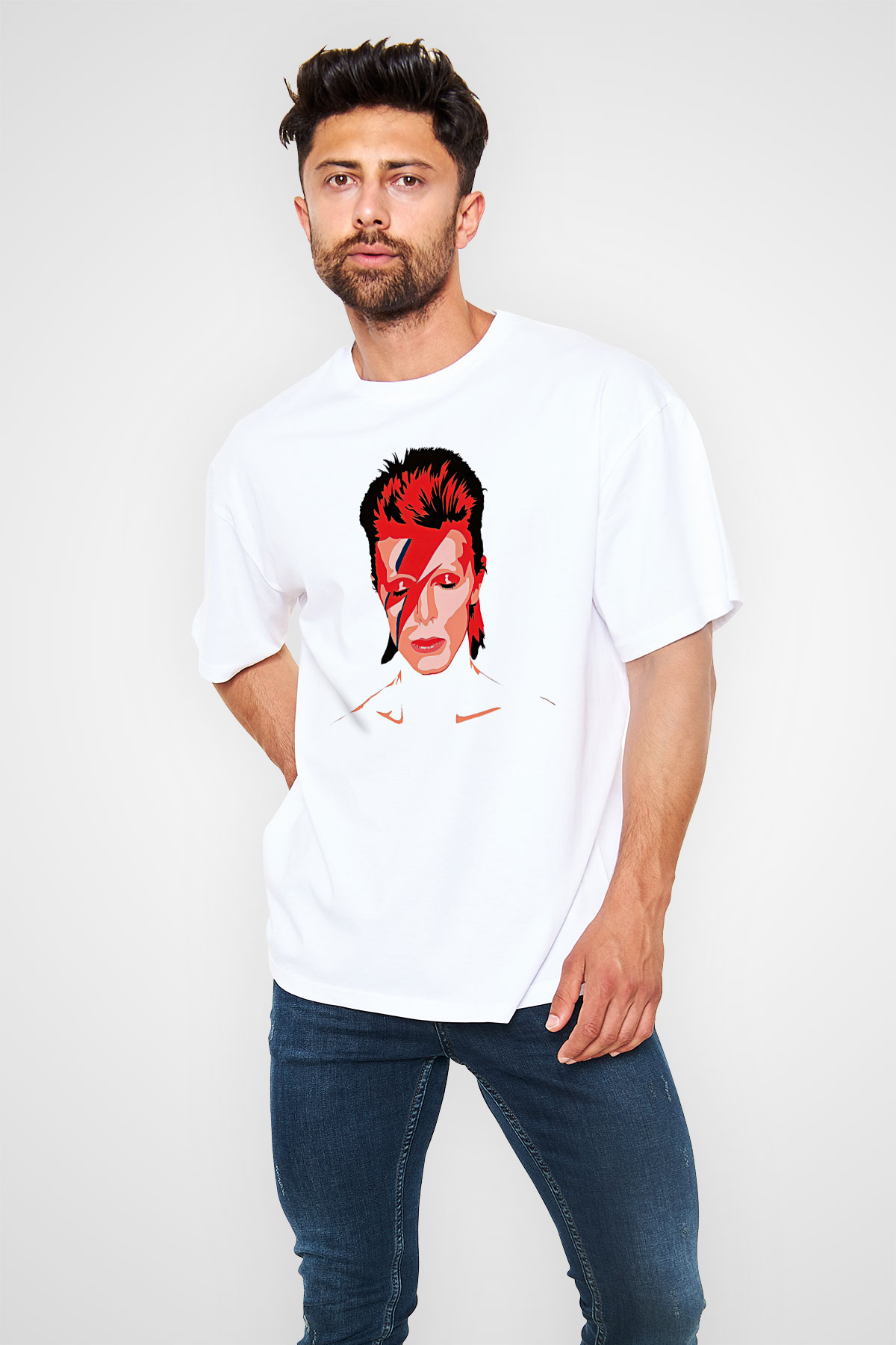 David Bowie Baskılı Beyaz Unisex Oversize Tişört - Tshirt