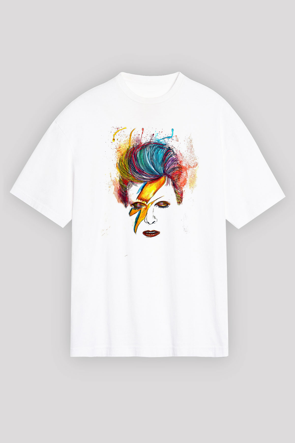 David Bowie Baskılı Beyaz Unisex Oversize Tişört - Tshirt