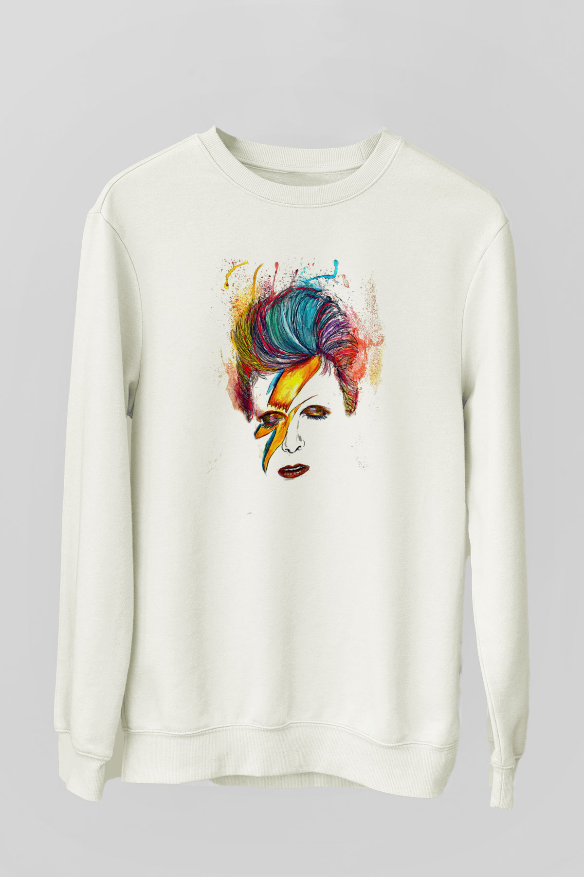 David Bowie Baskılı Beyaz Unisex Sweatshirt
