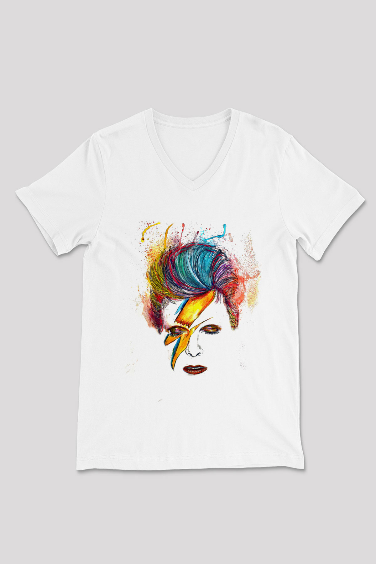 David Bowie Baskılı Beyaz Unisex V Yaka Tişört - Tshirt